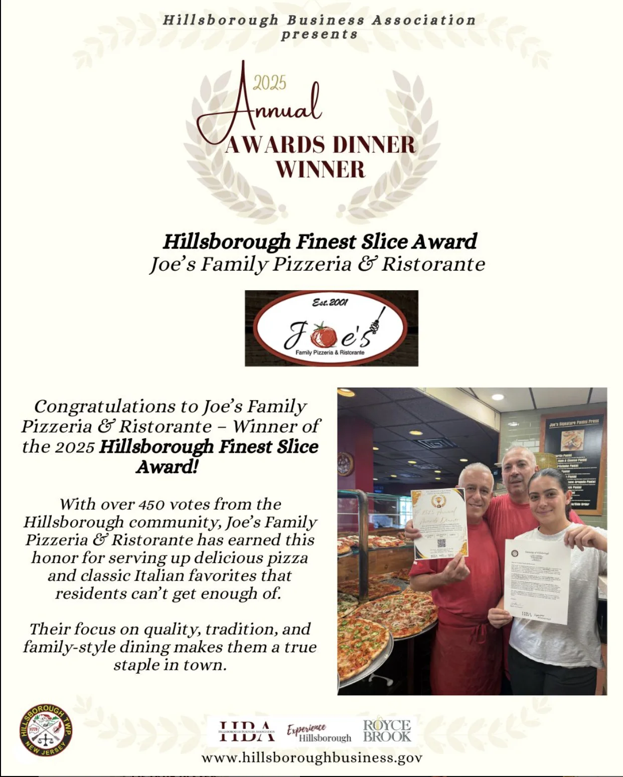 Joe's Family Pizzeria celebrating Hillsborough Finest Slice Award