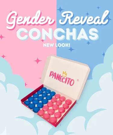 Colorful gender reveal conchas in a decorative box