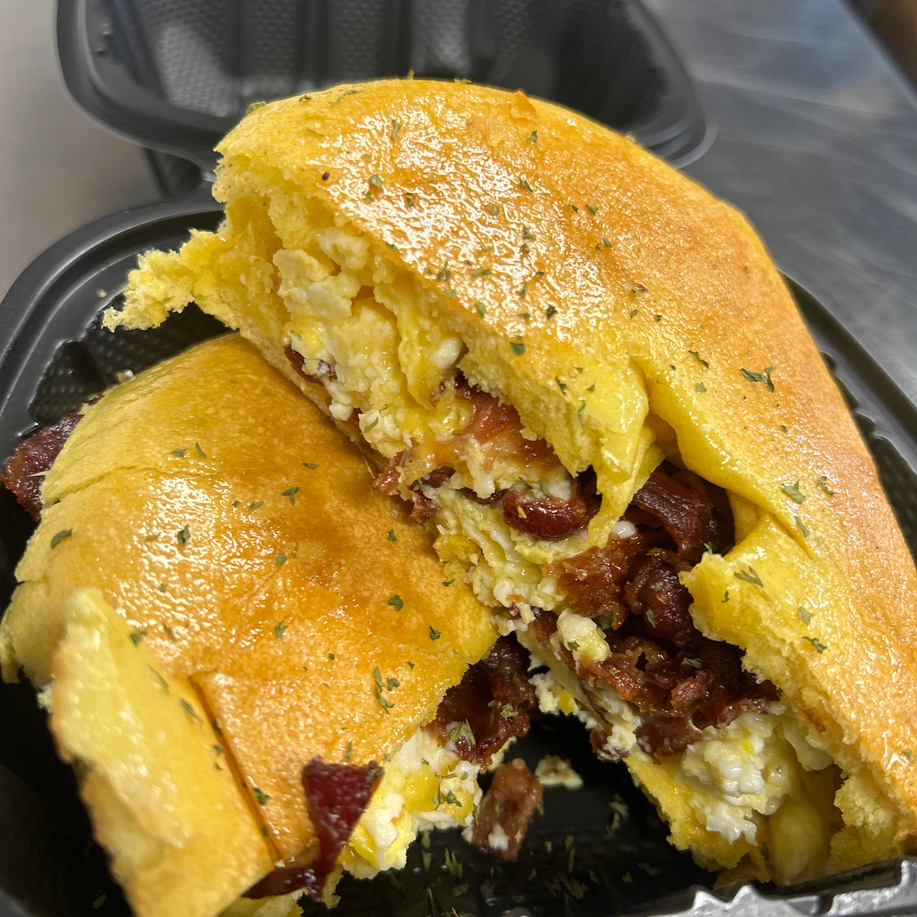 Savory breakfast sandwich with eggs and bacon