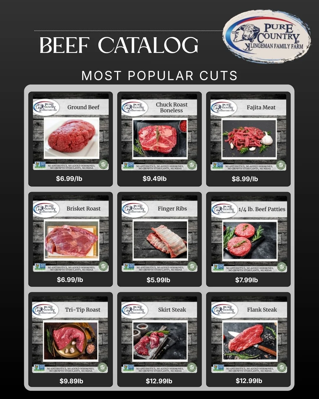 Beef catalog featuring ground beef, roasts, steaks, ribs, and beef patties