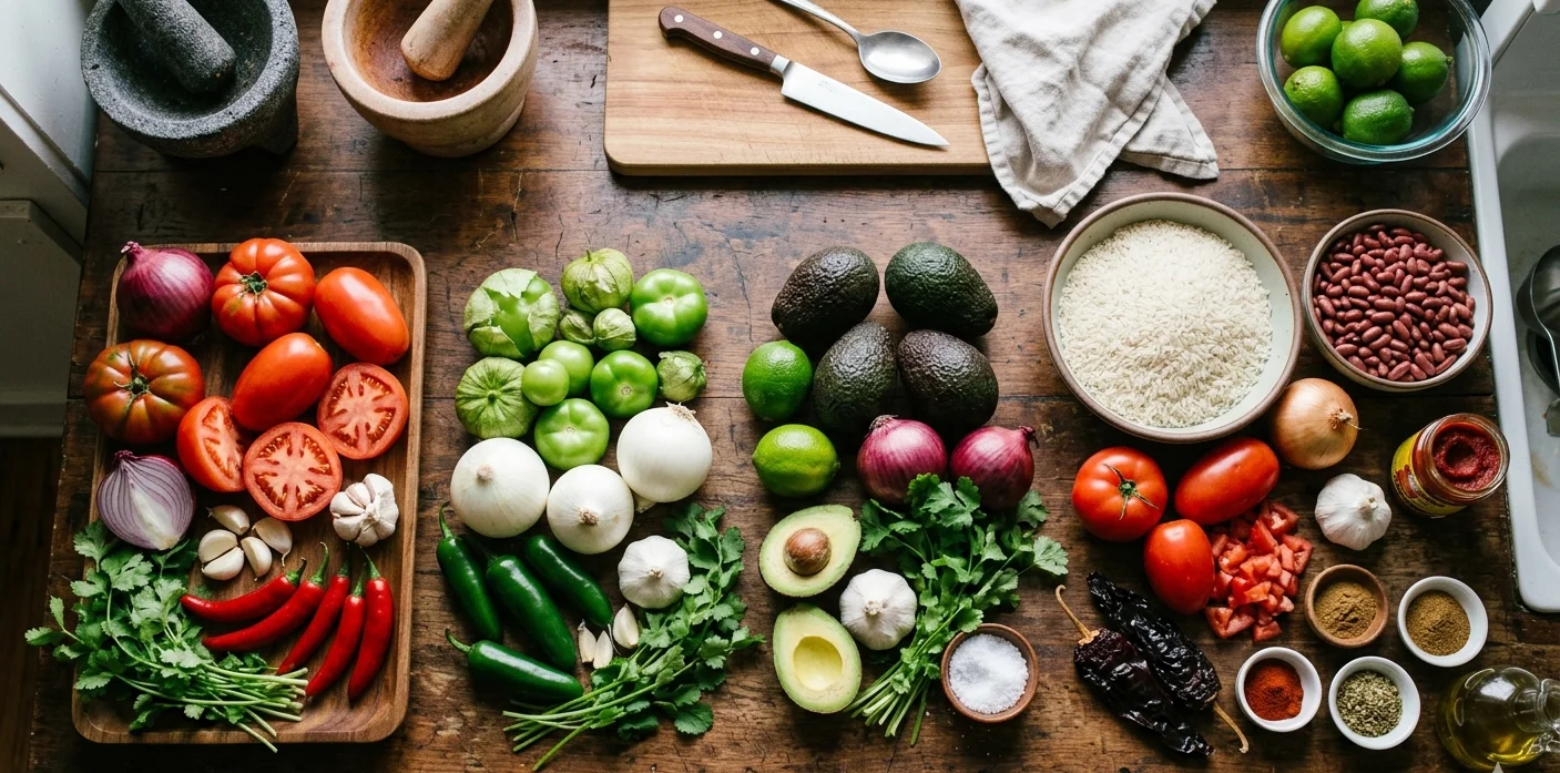 Vibrant Mexican kitchen preparing fresh ingredients for tacos