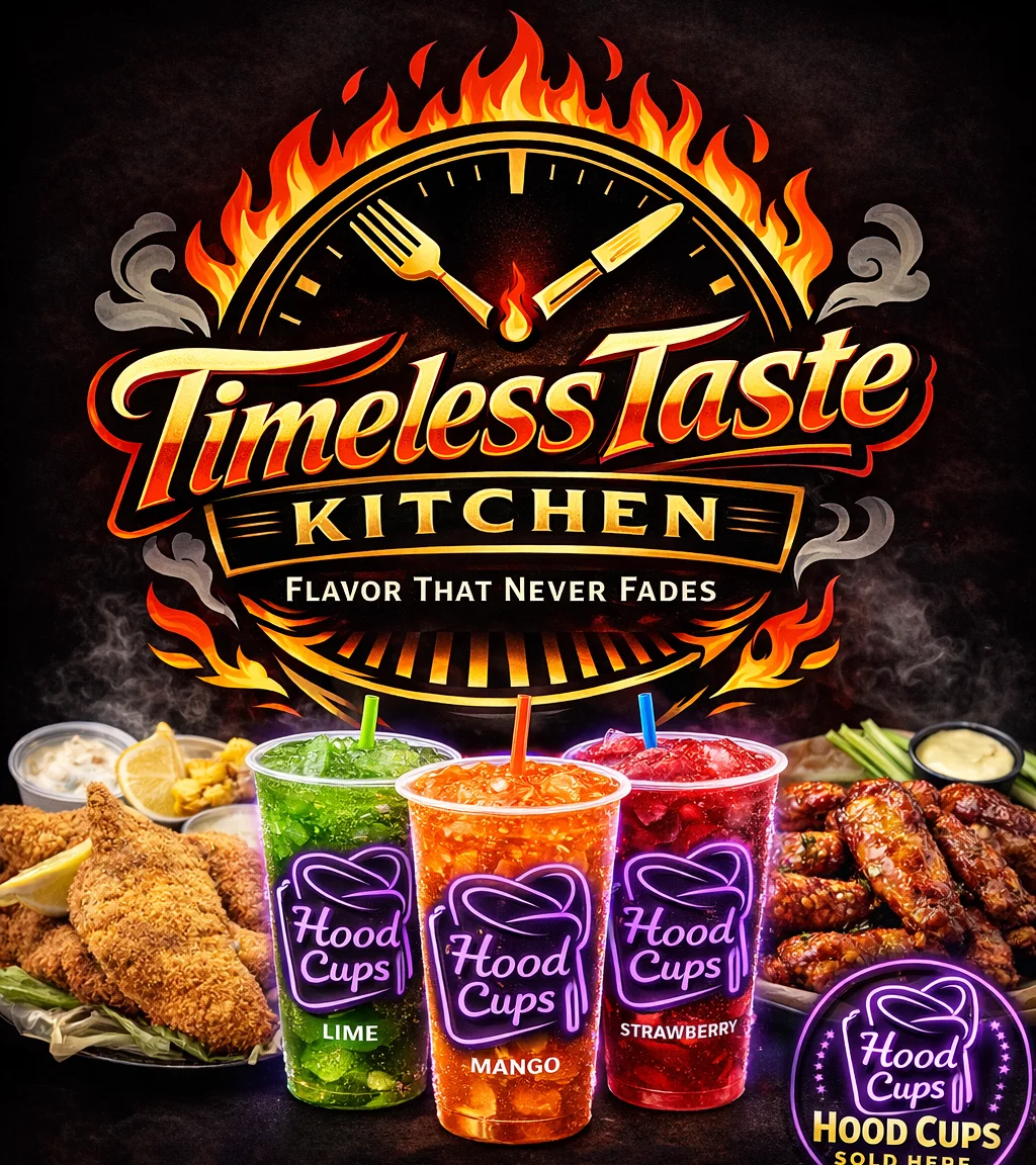 A vibrant restaurant advertisement featuring a logo and colorful drinks, including lime, mango, and strawberry flavors, alongside crispy chicken and wings.