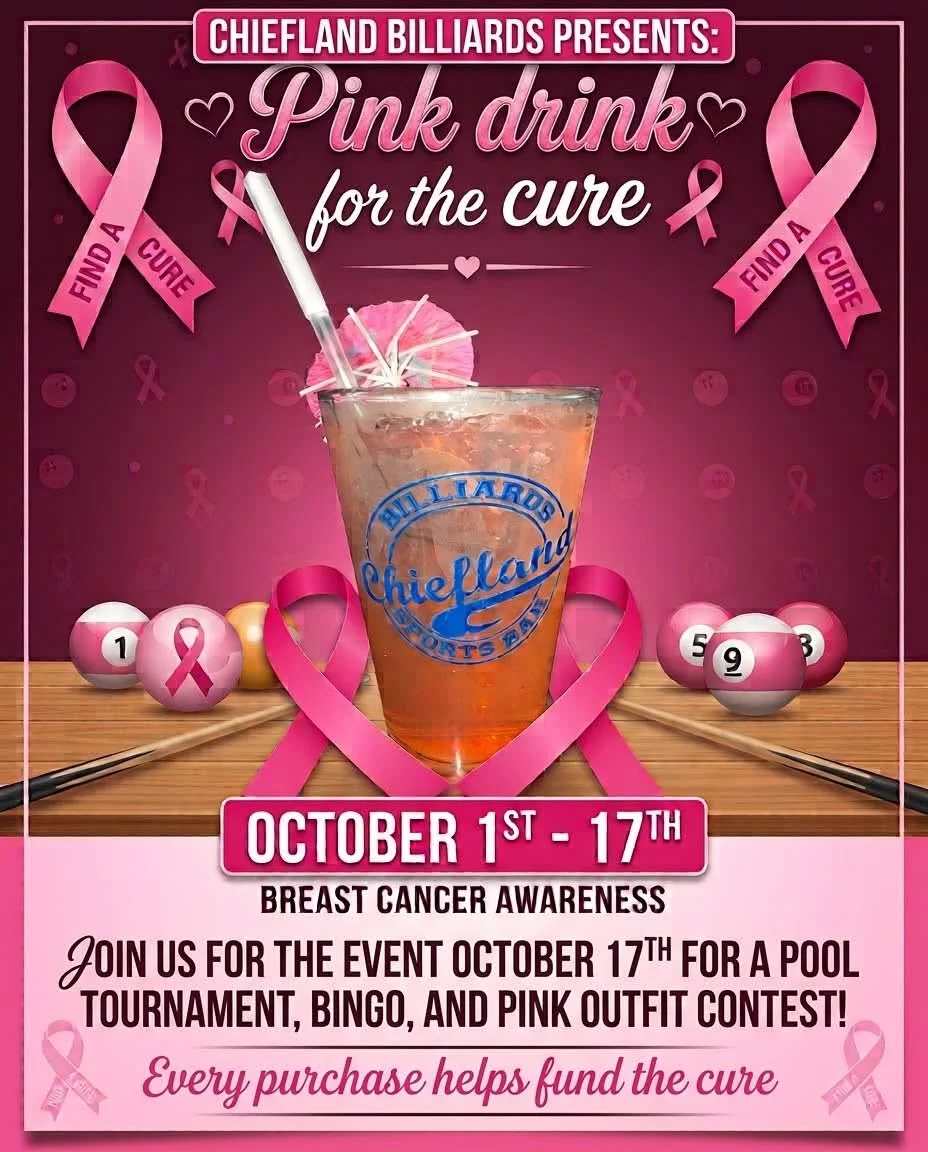 Pink-themed billiards fundraiser poster featuring a cocktail and pool balls