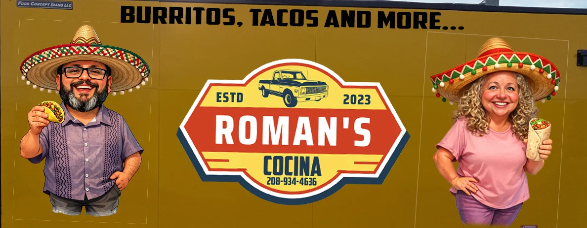 Colorful food truck featuring burritos and tacos