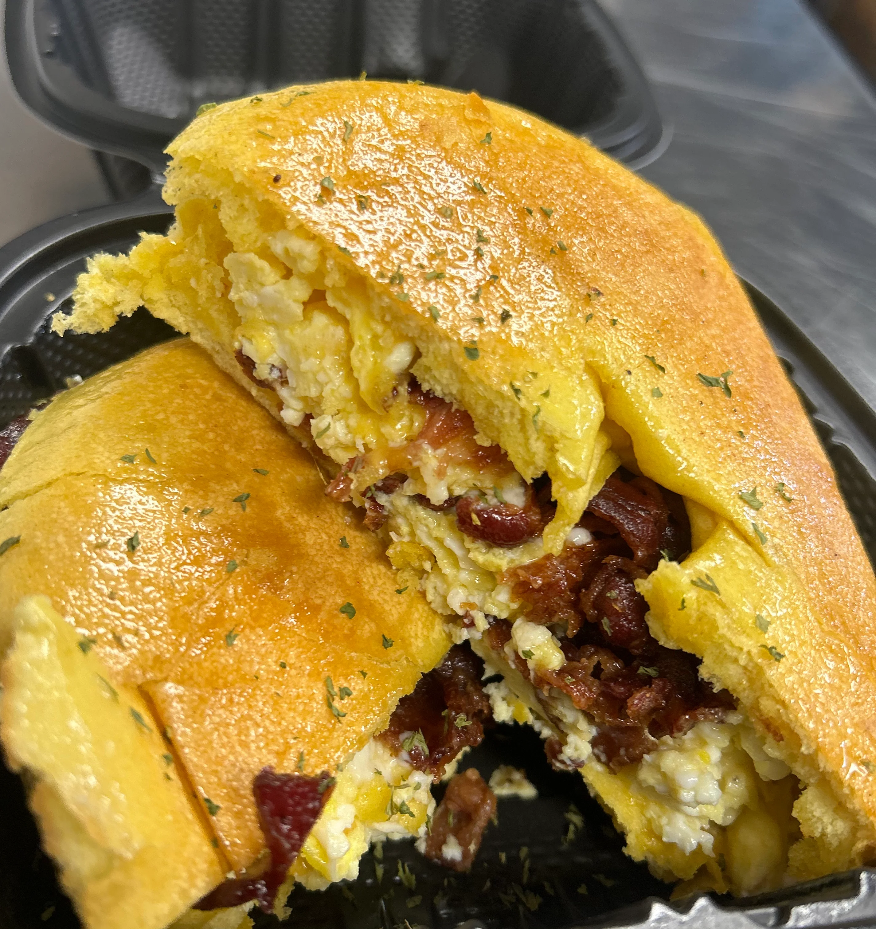 Savory breakfast sandwich with eggs and bacon
