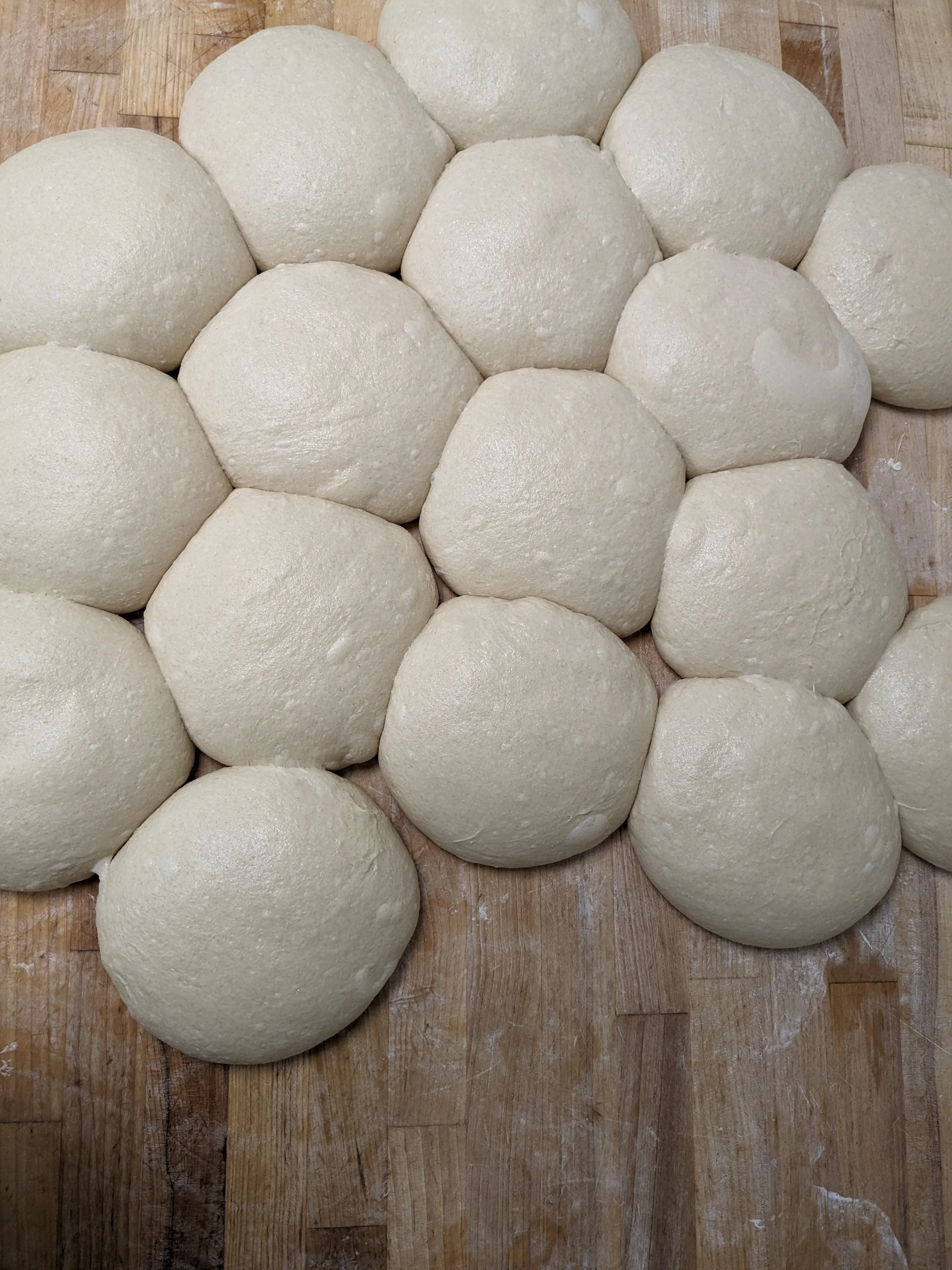 Freshly shaped dough balls for pizza preparation