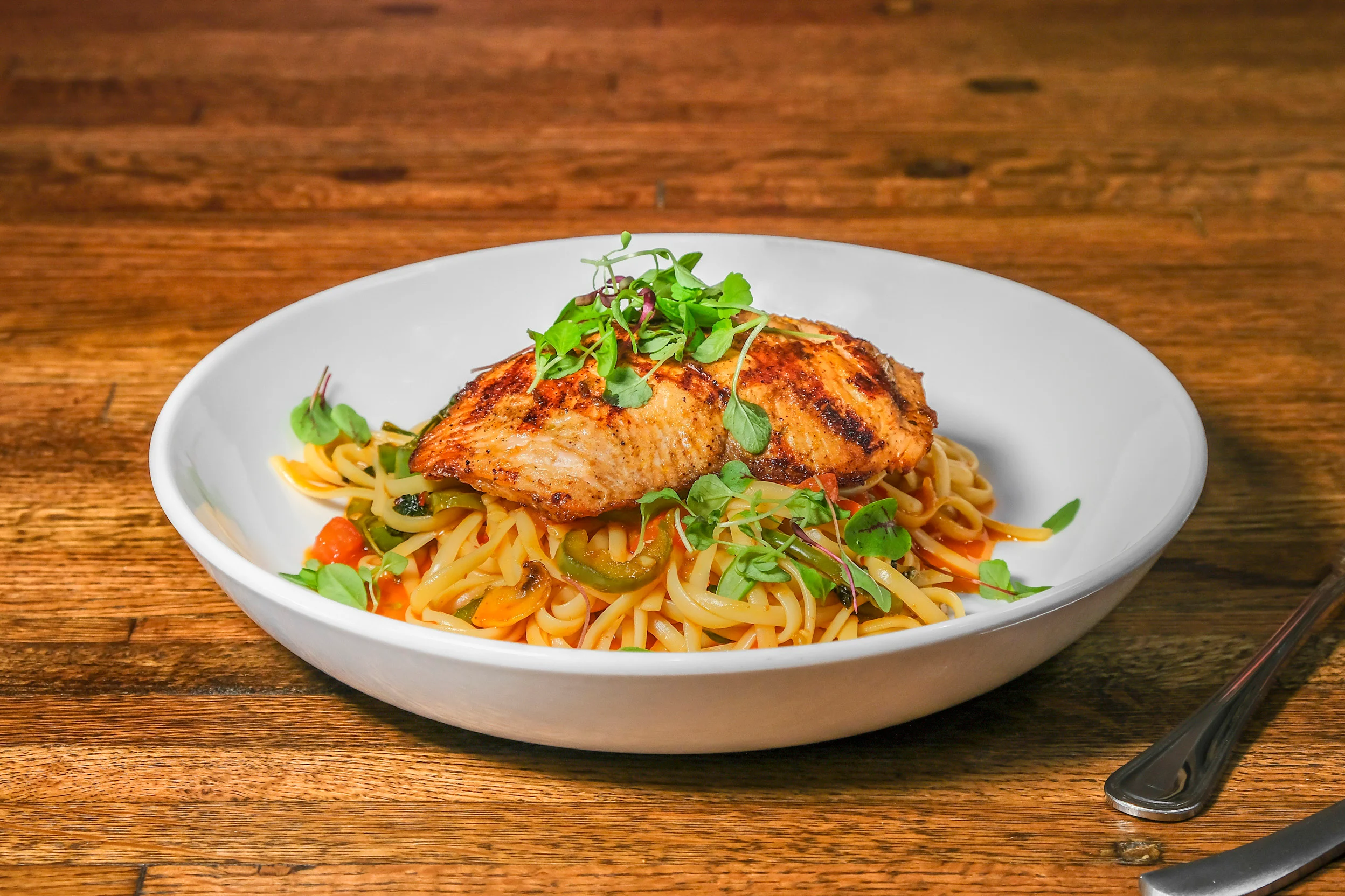 Grilled salmon linguine with fresh herbs