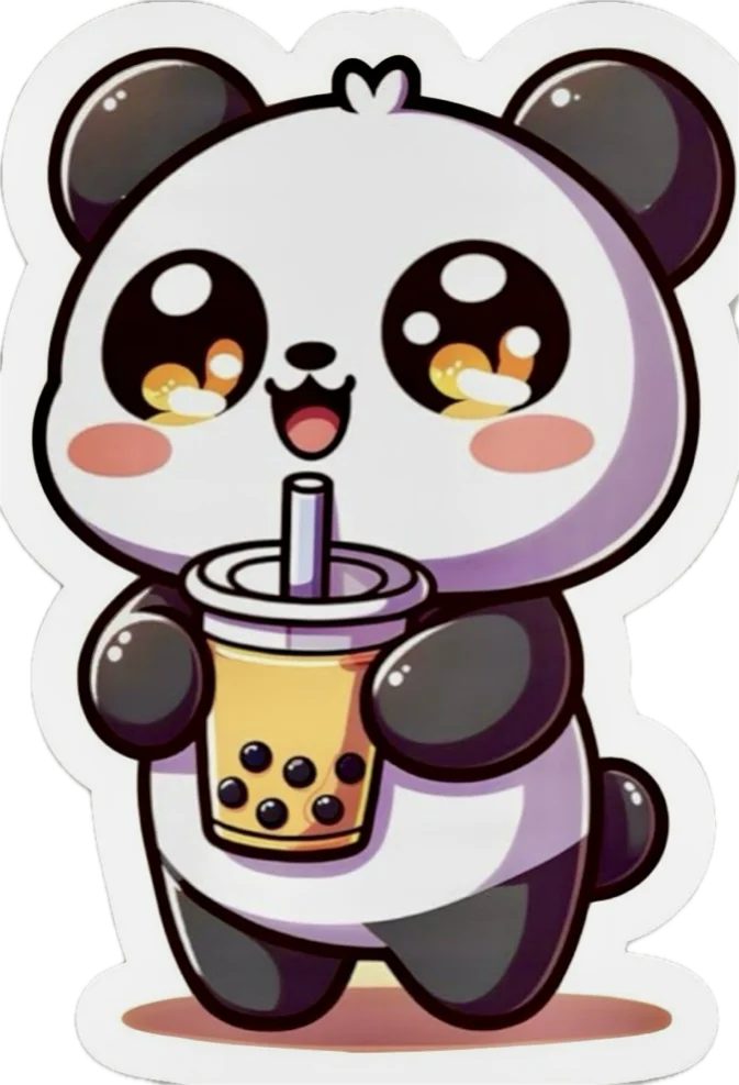 Cute cartoon panda holding a bubble tea drink