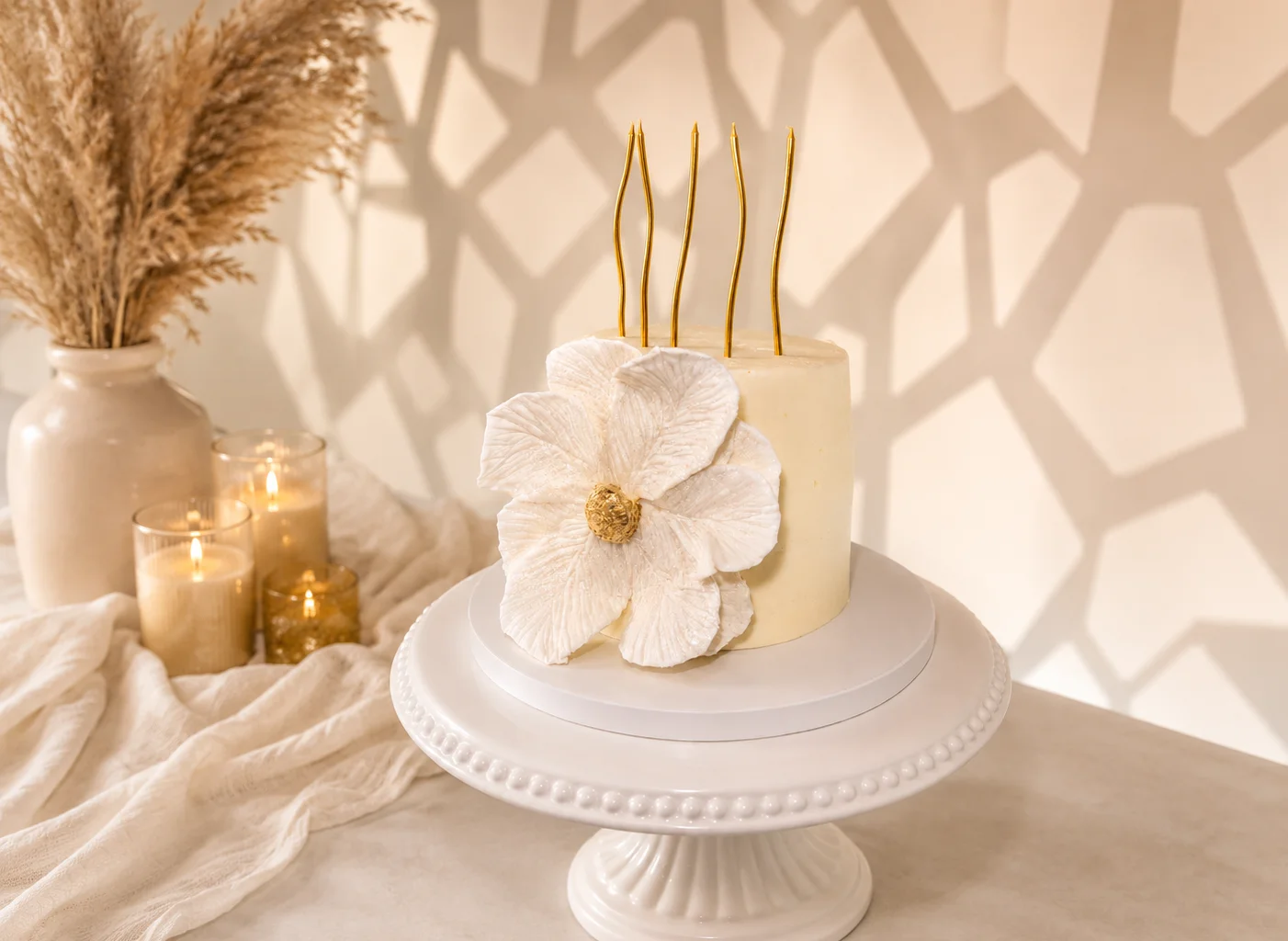 Elegant cake adorned with a large white flower and golden candles