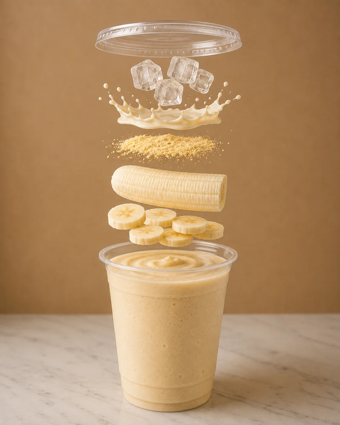 A creamy banana smoothie with flying ice cubes, banana slices, and a sprinkle of powder above the cup.