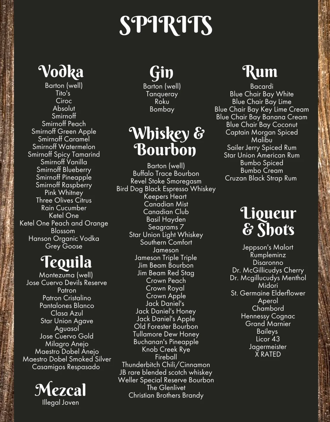 Comprehensive spirits menu featuring various liquors and cocktails