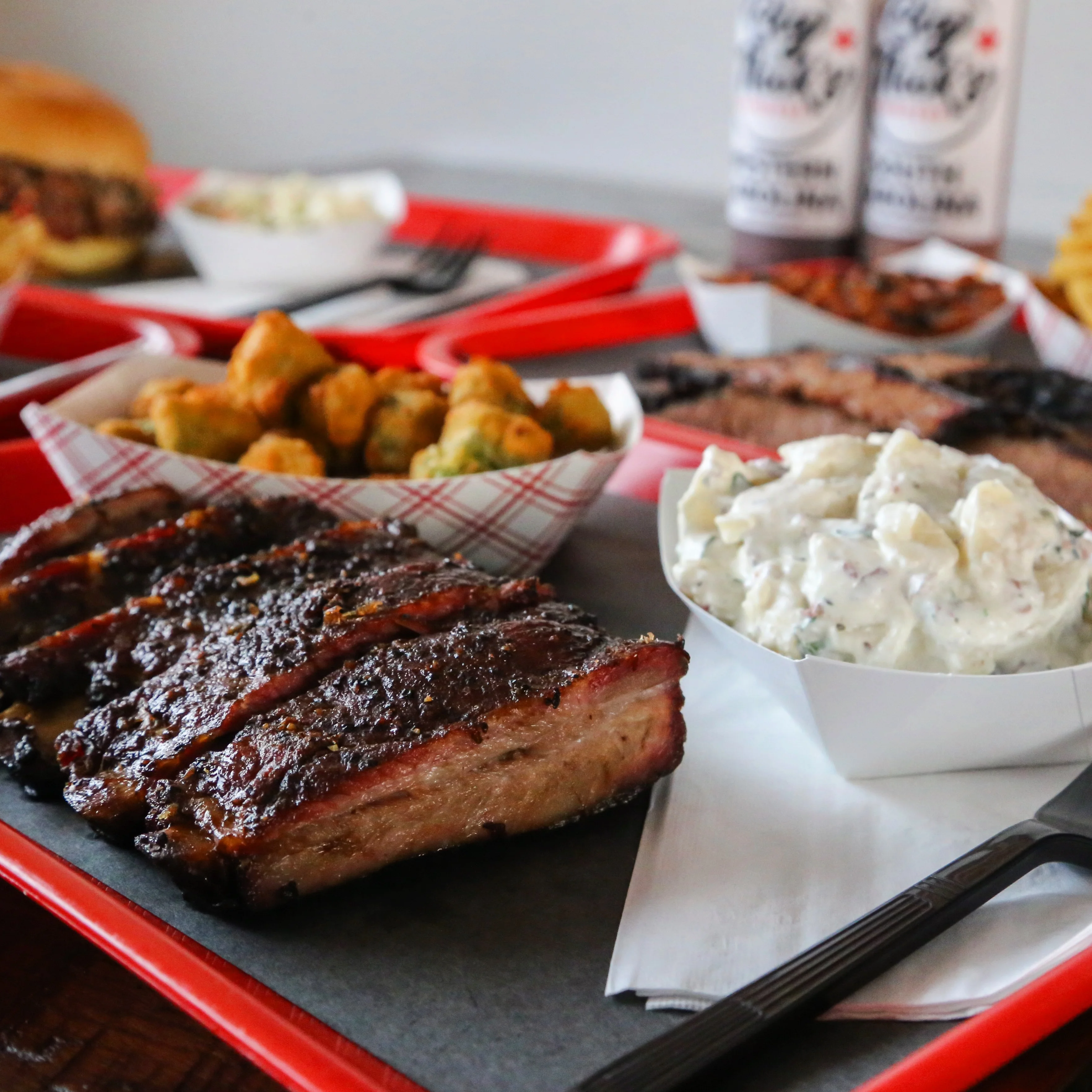 Smoked brisket platter with sides in a barbecue restaurant