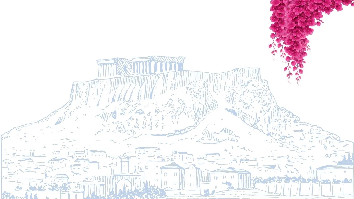 Illustration of the Acropolis with vibrant bougainvillea flowers