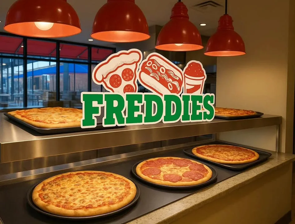 Variety of pizzas displayed in a casual dining setting