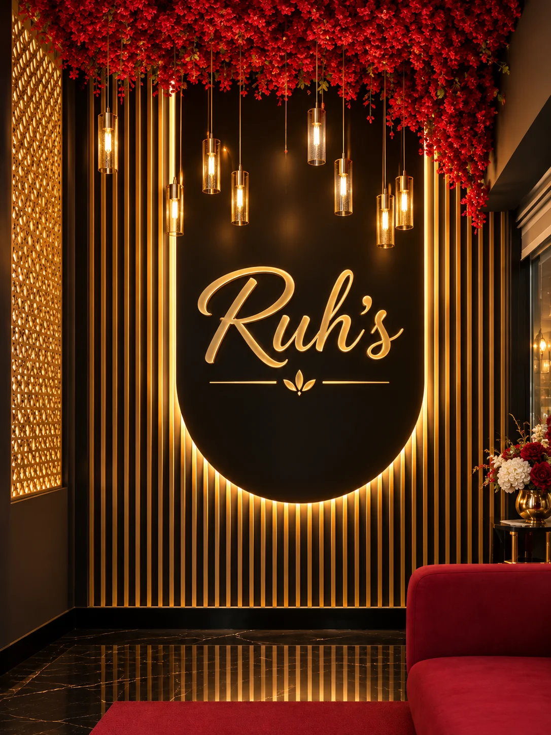 Elegant restaurant lounge with illuminated signage, pendant lights, and red floral ceiling decor
