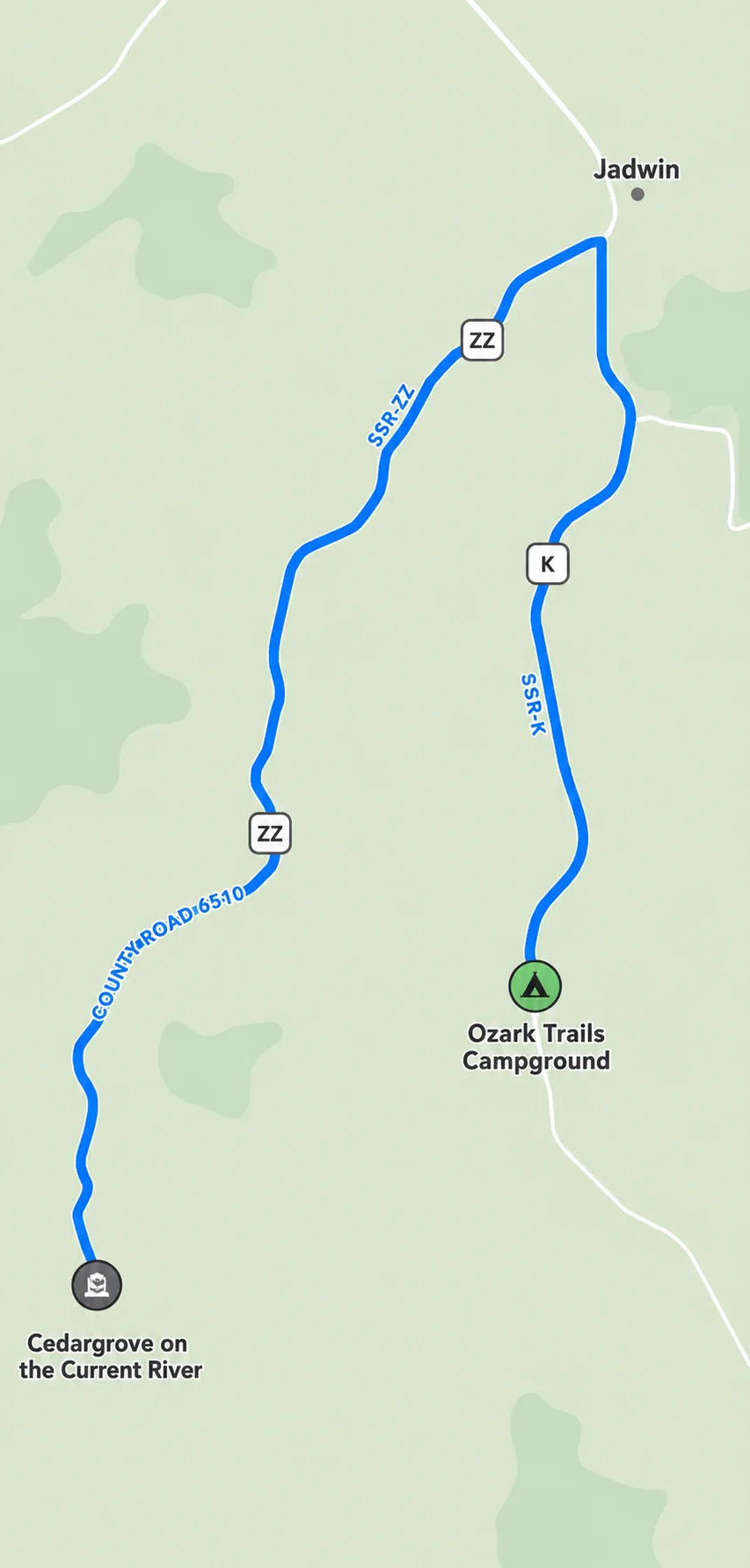Traced map of Ozark Trails Campground close proximity to Cedar Grove
