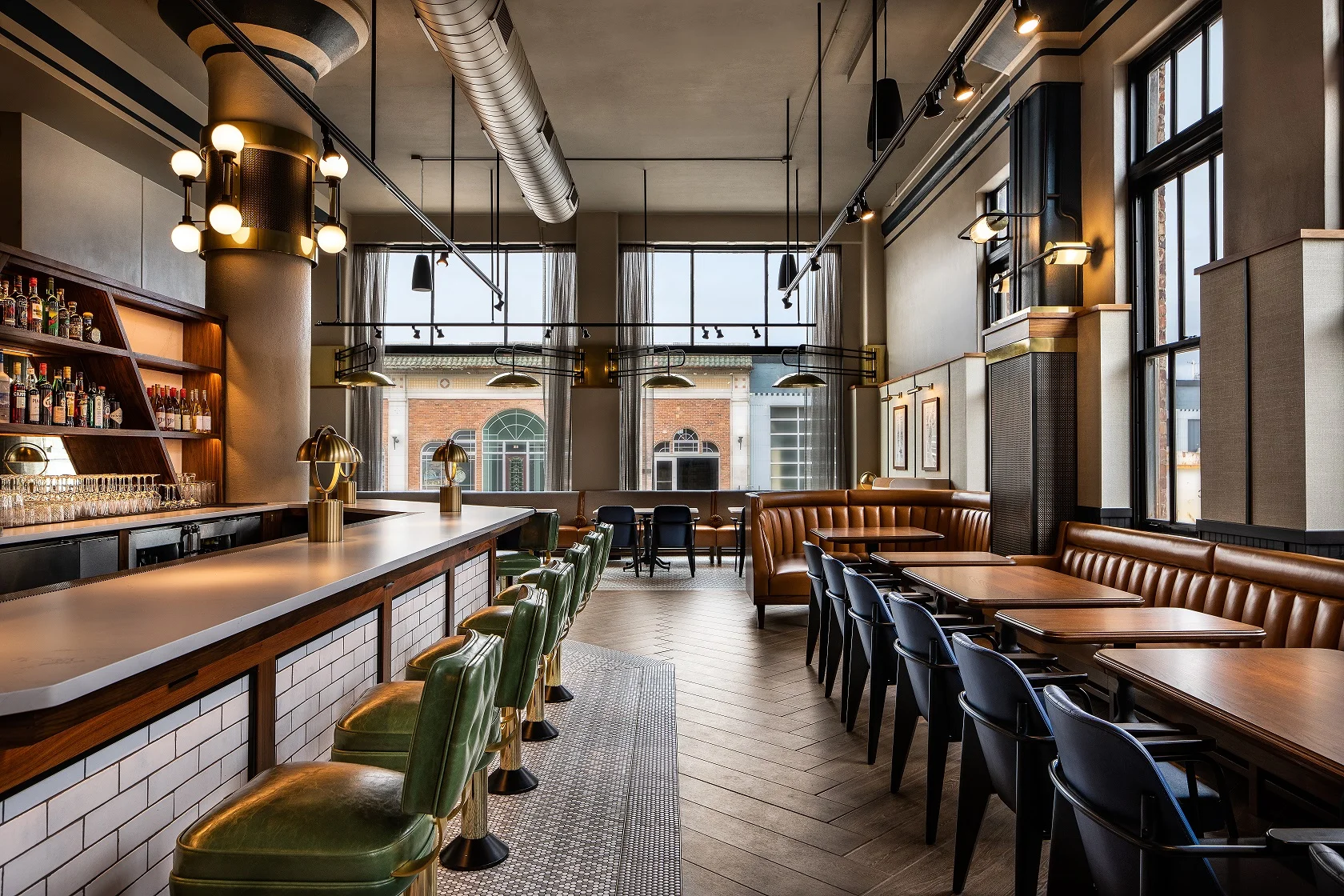Stylish restaurant interior with bar and cozy seating