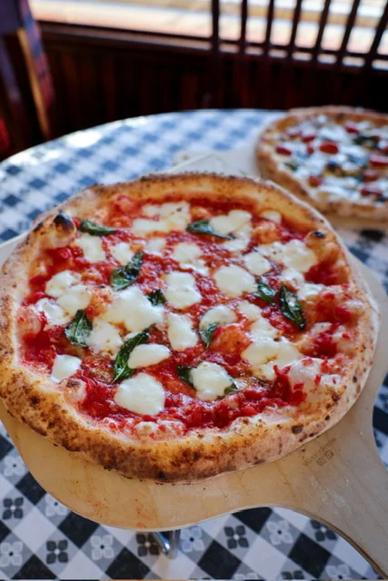 Delicious Margherita pizza with fresh basil and mozzarella cheese.