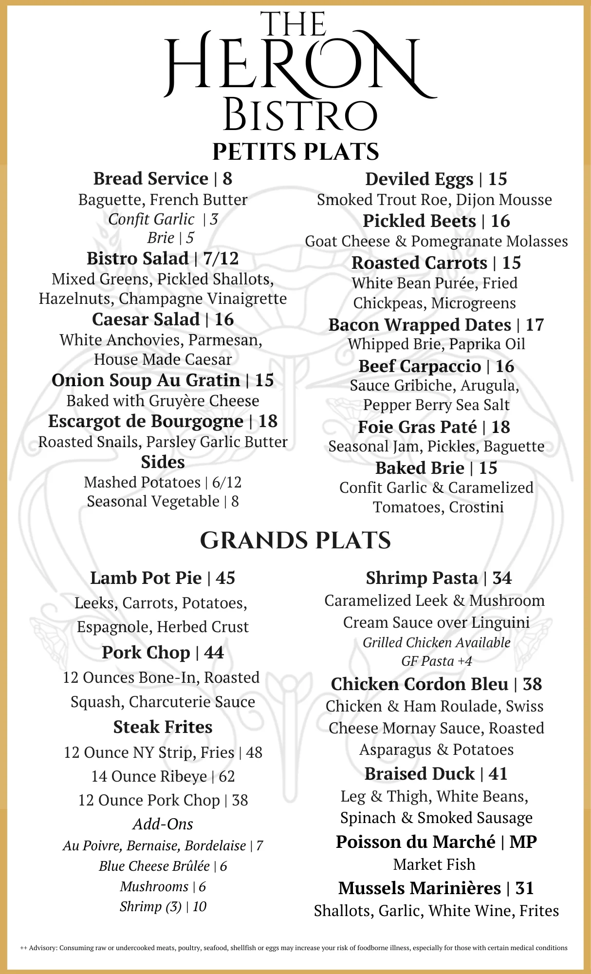 grilled beets, panzanella, caesar salad, beef carpaccio, French onion soup, mashed potatoes, baked brie, braised lamb shank, pork chop, steak frites, mussels, chicken gnocchi, escargot