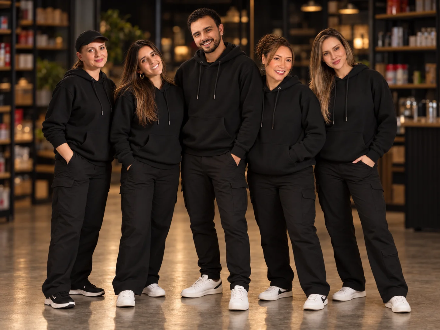 Smiling restaurant staff team posing in a warmly lit dining space