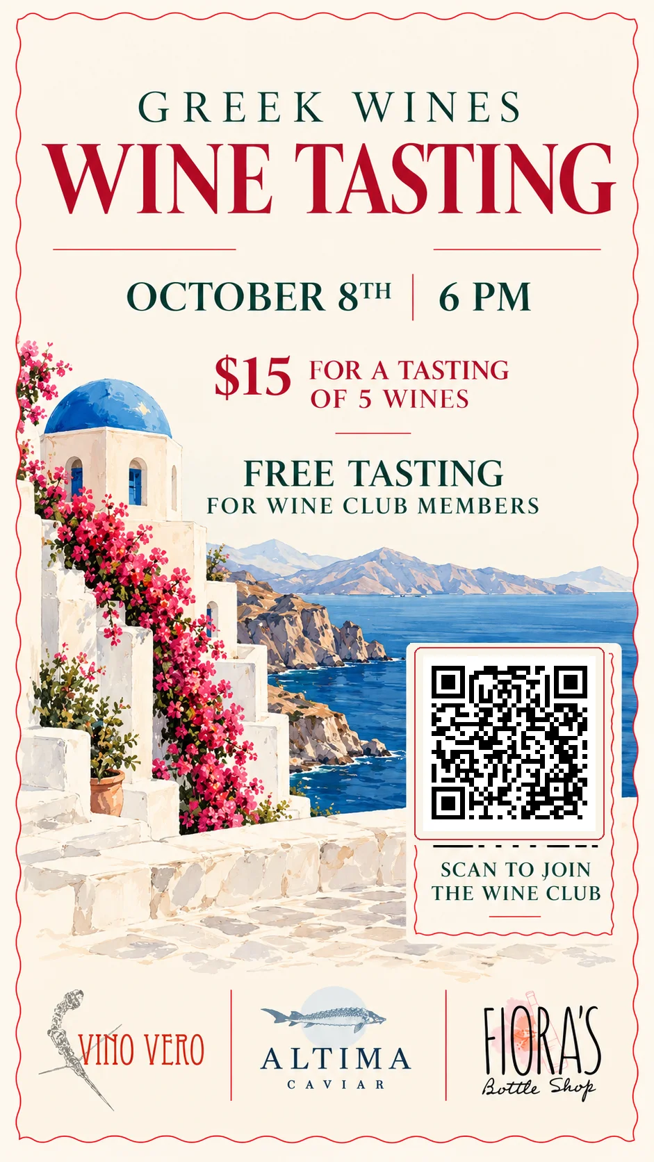 Wine tasting event flyer with coastal Mediterranean illustration and QR code