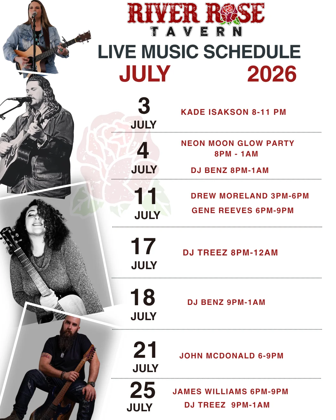 Live music calendar featuring upcoming events at the restaurant.