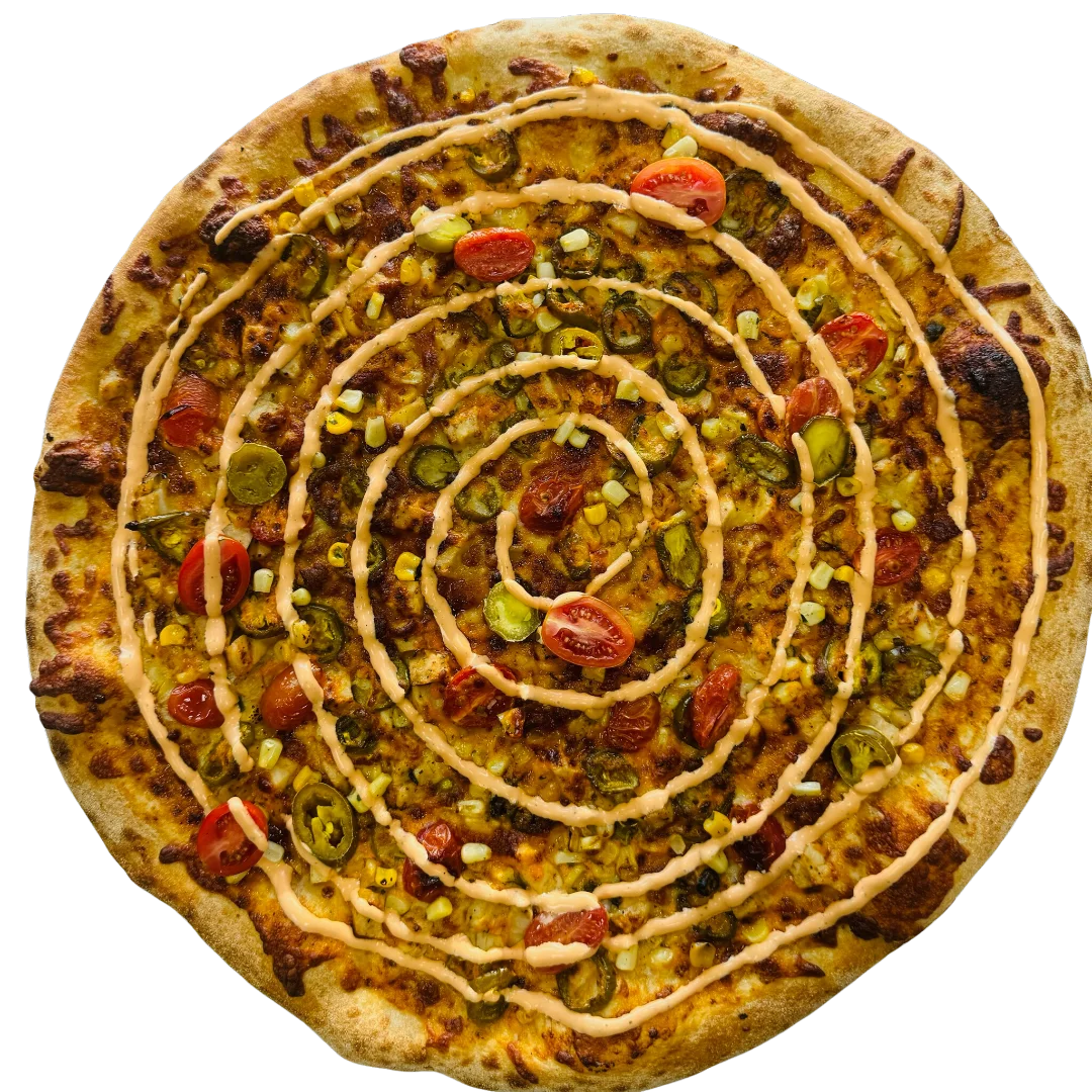 Pizza with chicken, tomato, corn, jalapeno, cheddar, cilantro, chipotle ranch