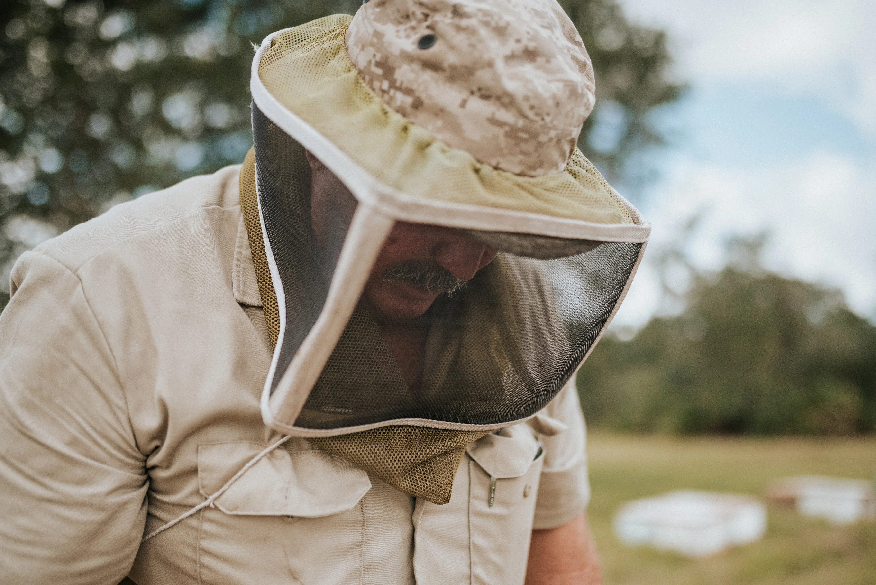 Beekeeper inspecting hives in protective gear outdoors