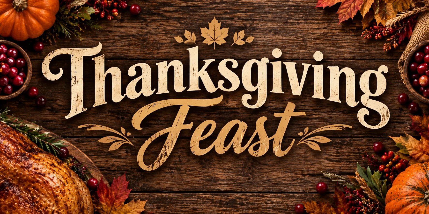 Thanksgiving feast typography with roast turkey, pumpkins, cranberries, and autumn leaves