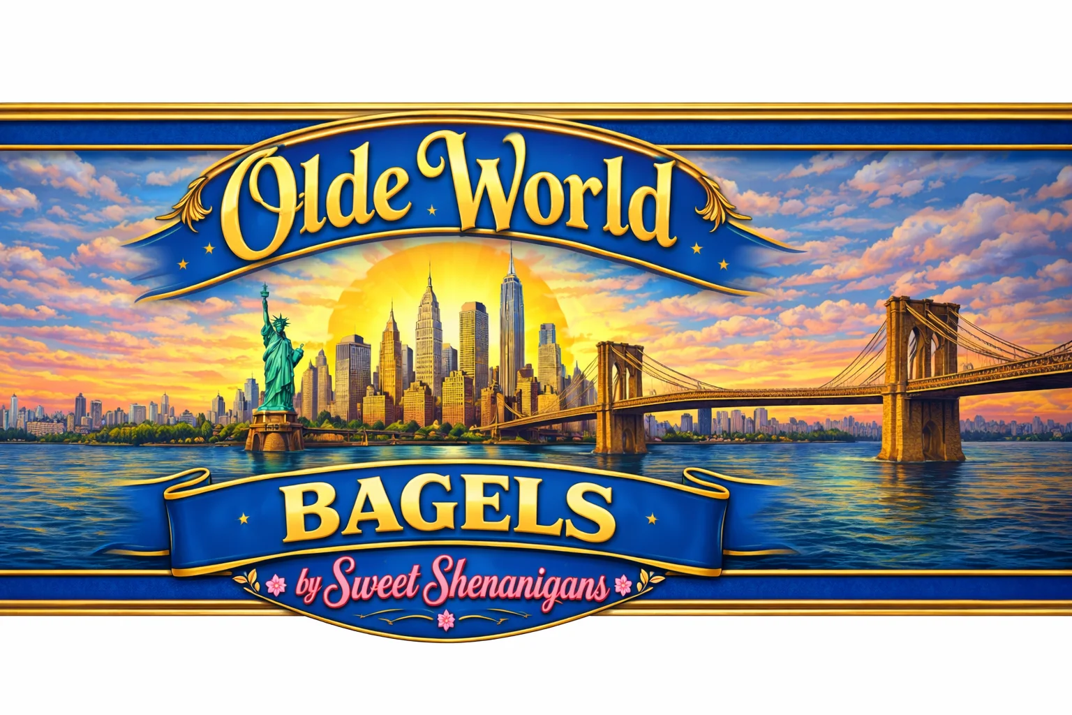 A colorful sign displaying the name of a bagel shop, featuring iconic landmarks and a vibrant skyline.
