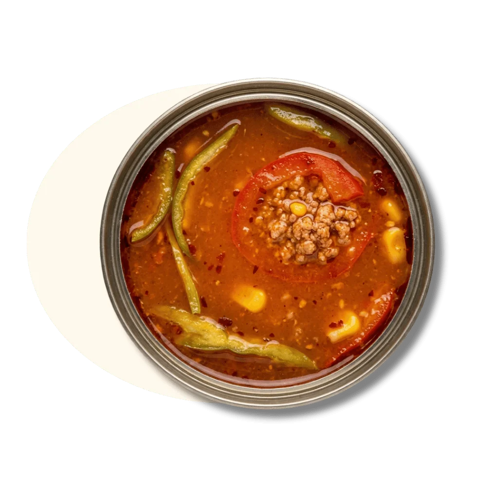 A bowl of hearty soup with ground meat, vegetables, and spices.