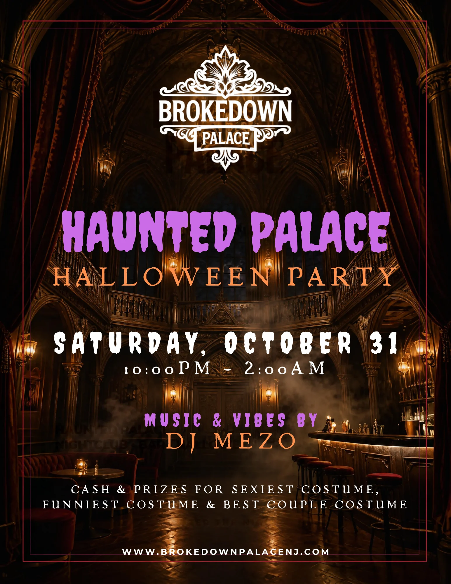 Spooky Halloween party flyer with gothic interior design
