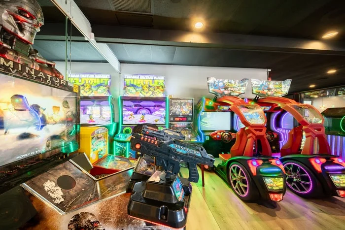 Colorful arcade games and attractions in a gaming center