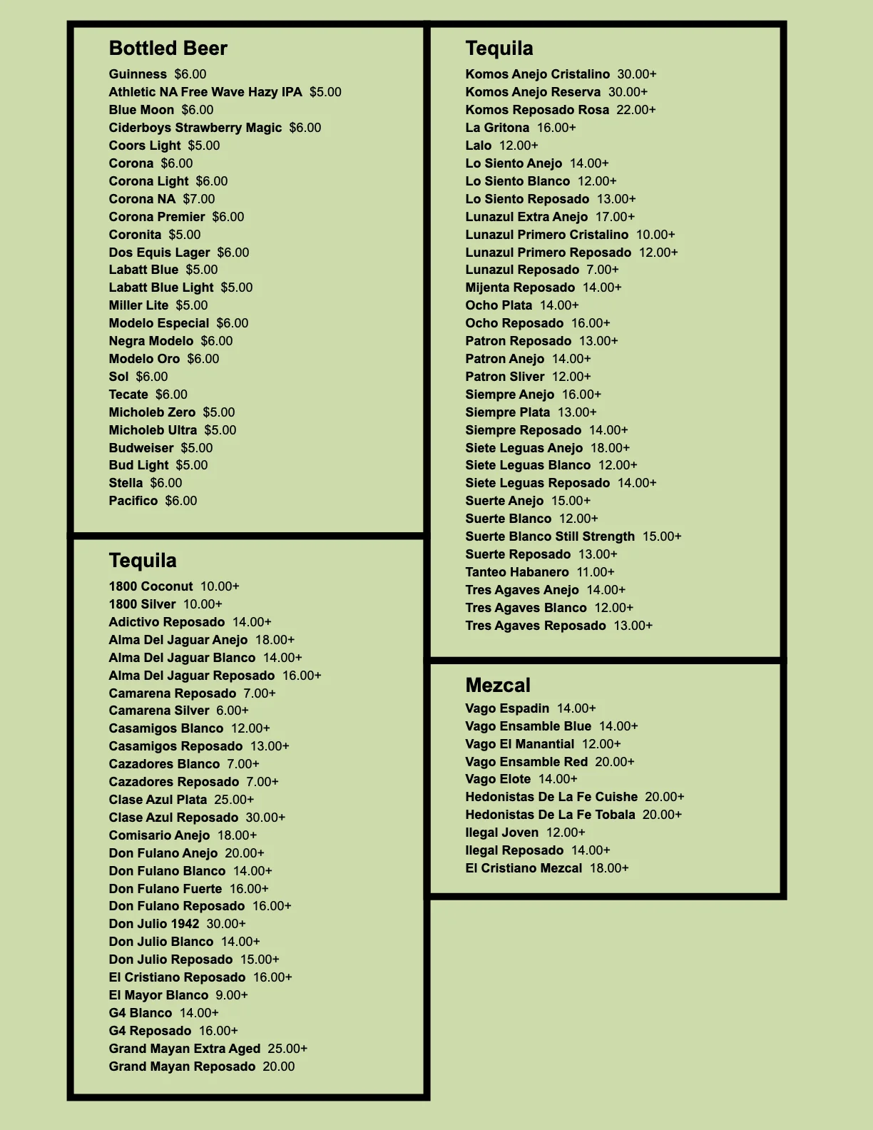 Comprehensive drink menu featuring various tequilas and mezcals