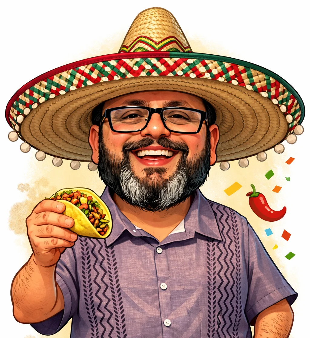 A cheerful illustration of a person in a sombrero holding a taco, with colorful confetti in the background.