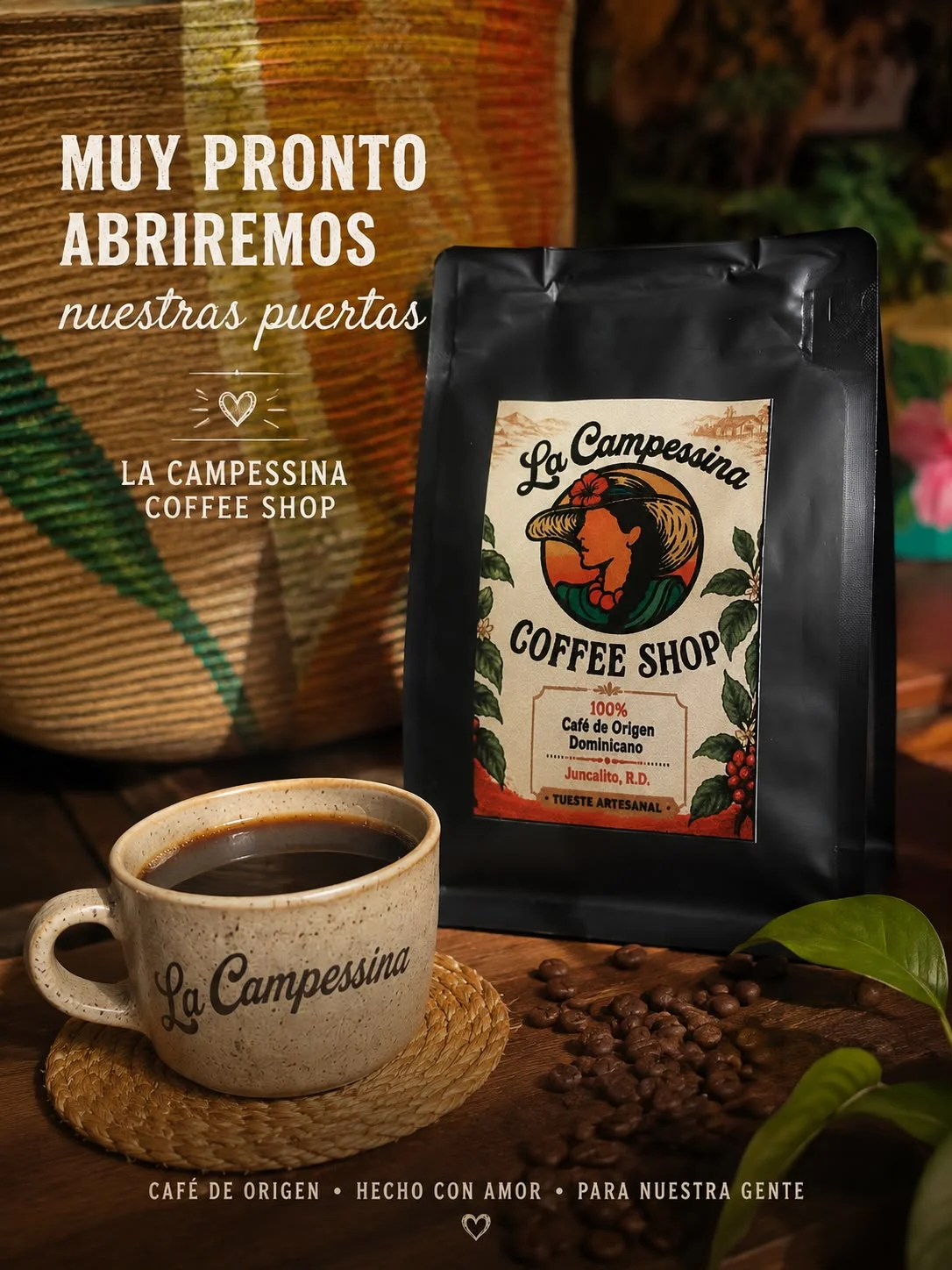 A coffee cup placed next to a bag of coffee beans, highlighting a coffee brand with vibrant packaging and a colorful woven background.