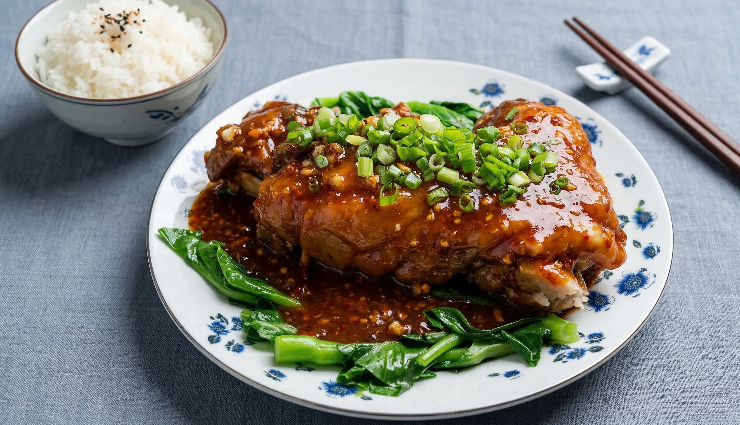 Chinese braised chicken with scallions and greens