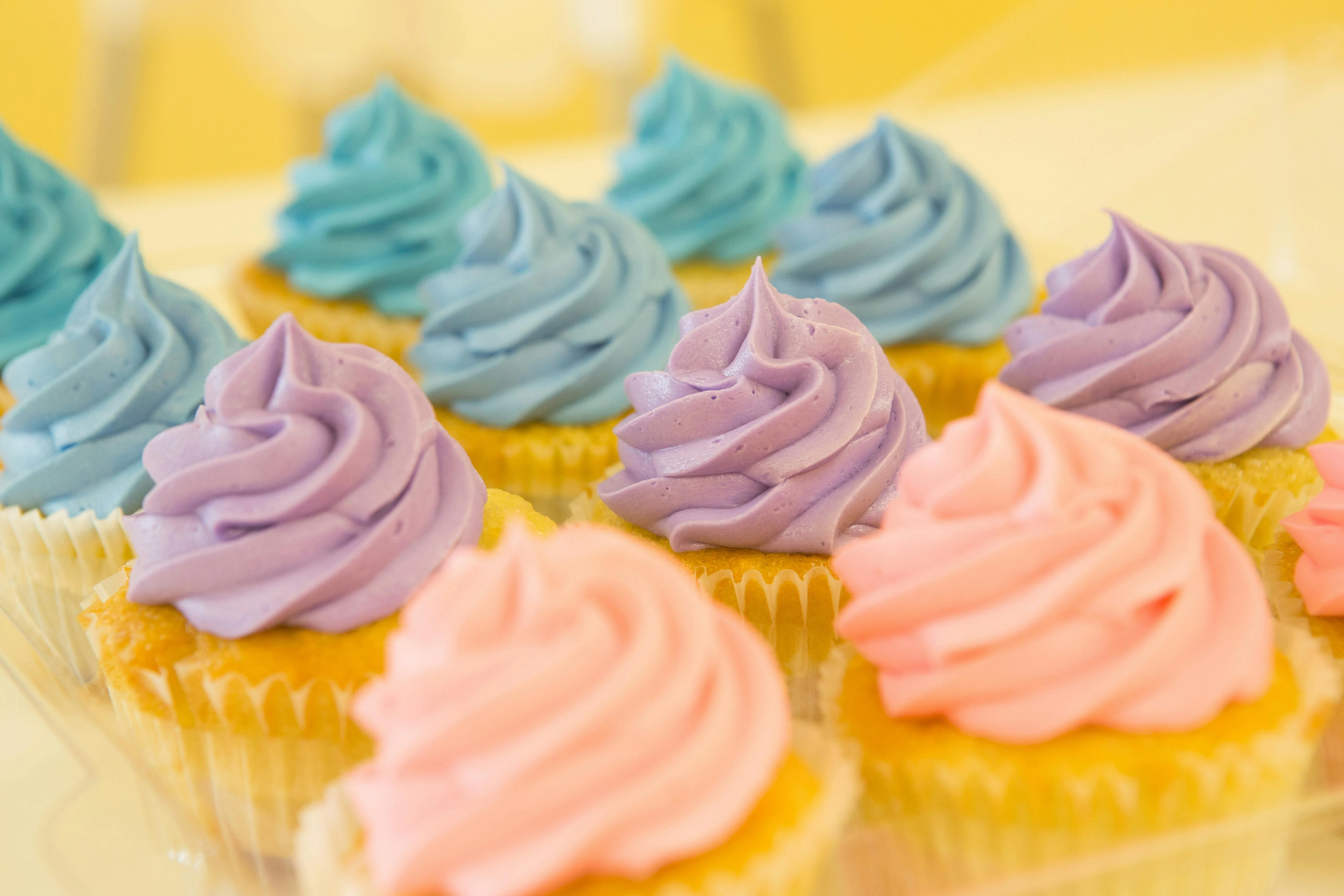 Colorful cupcakes with swirled frosting in pastel shades