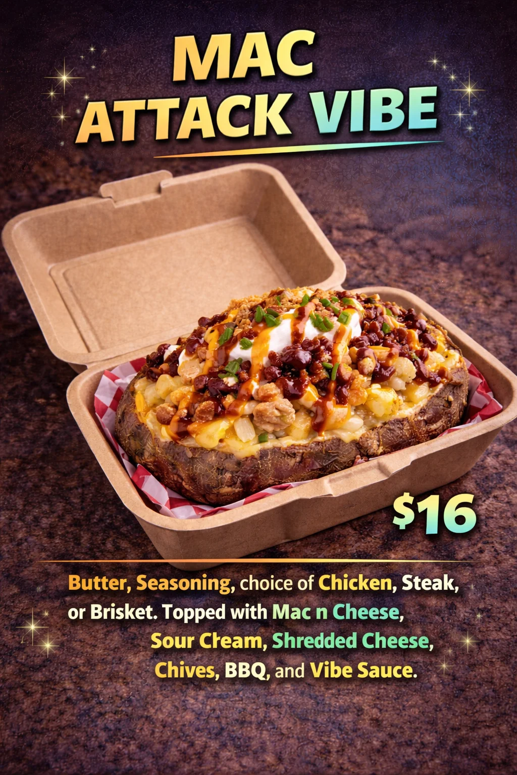 A loaded baked potato featuring Mac n Cheese, choice of protein, and garnished with sour cream and BBQ sauce.