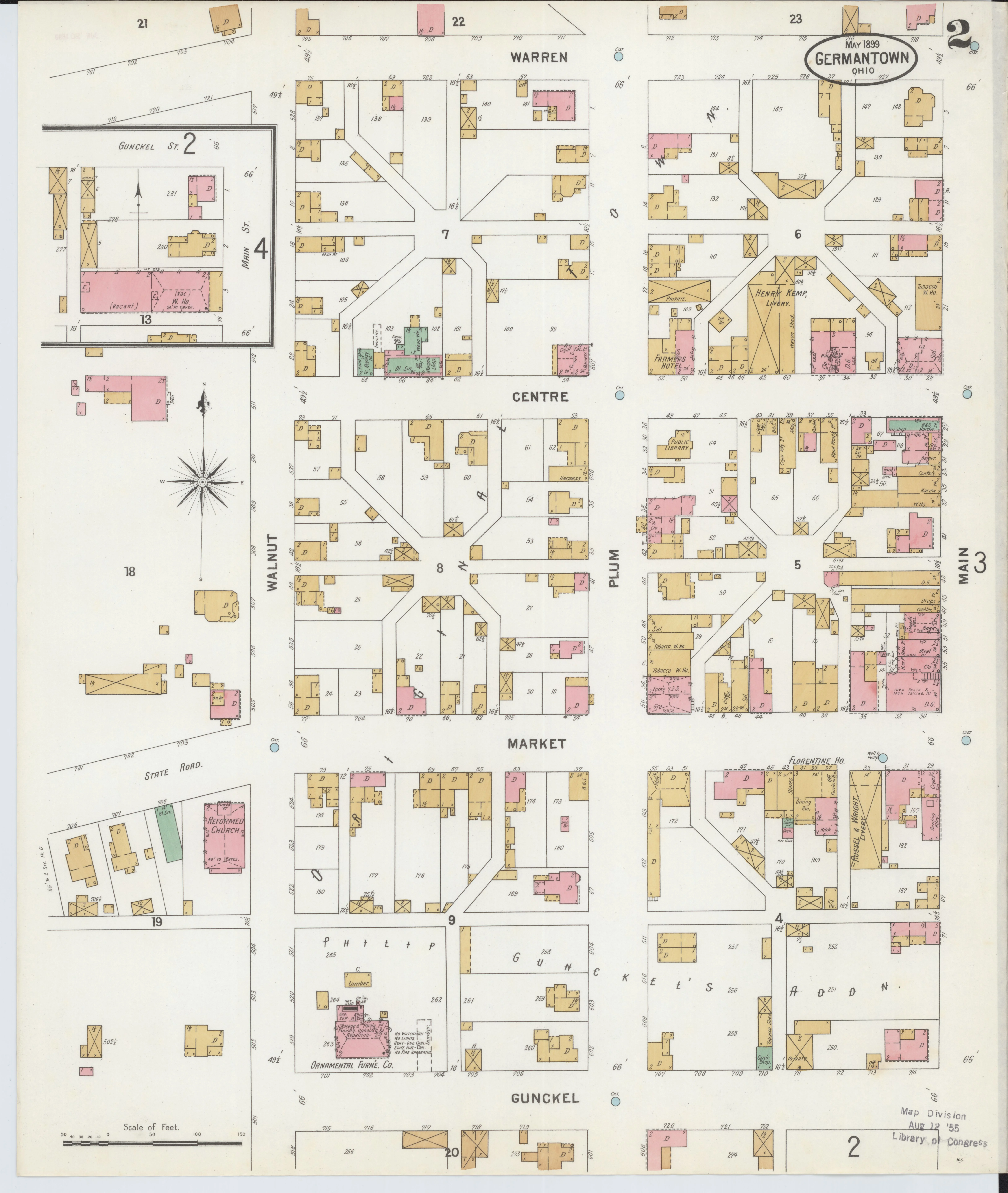 Germantown, Ohio, May 1899 Sanborn map, sheet 2, showing the Florentine Hotel on Market Street. Library of Congress.