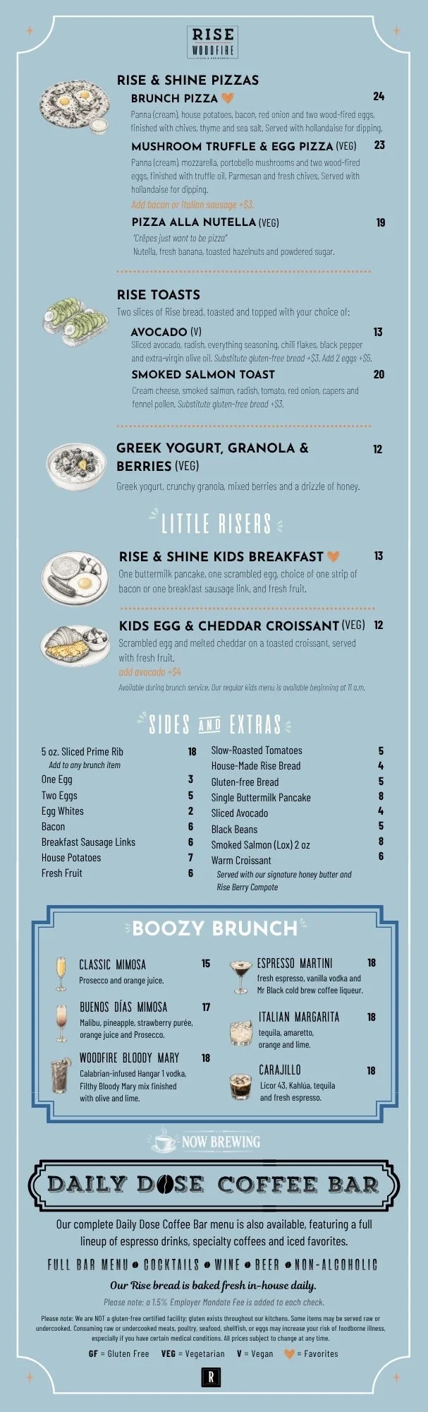 Weekend brunch menu featuring diverse dishes and drinks at a restaurant
