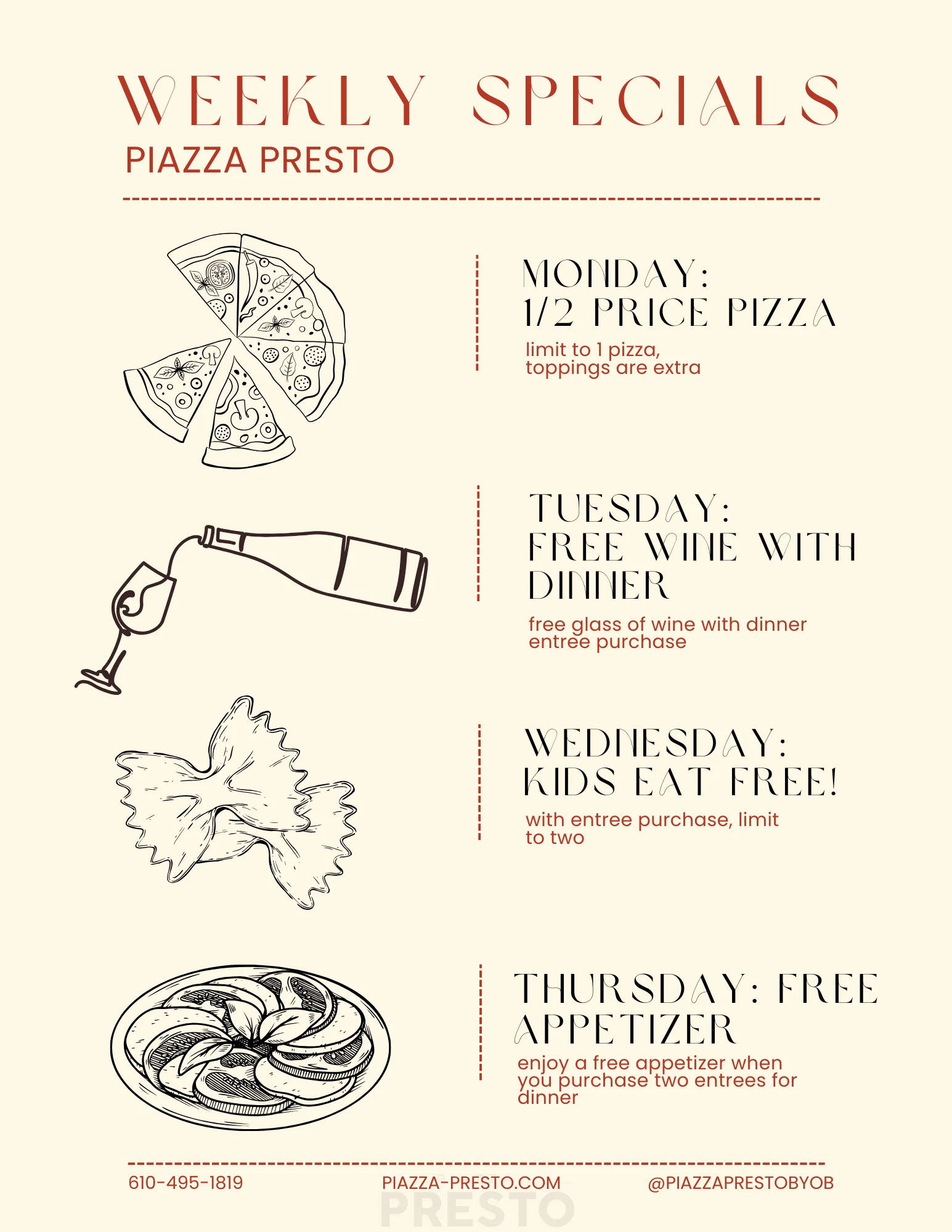 Weekly specials menu for Italian restaurant with pizza and wine offers