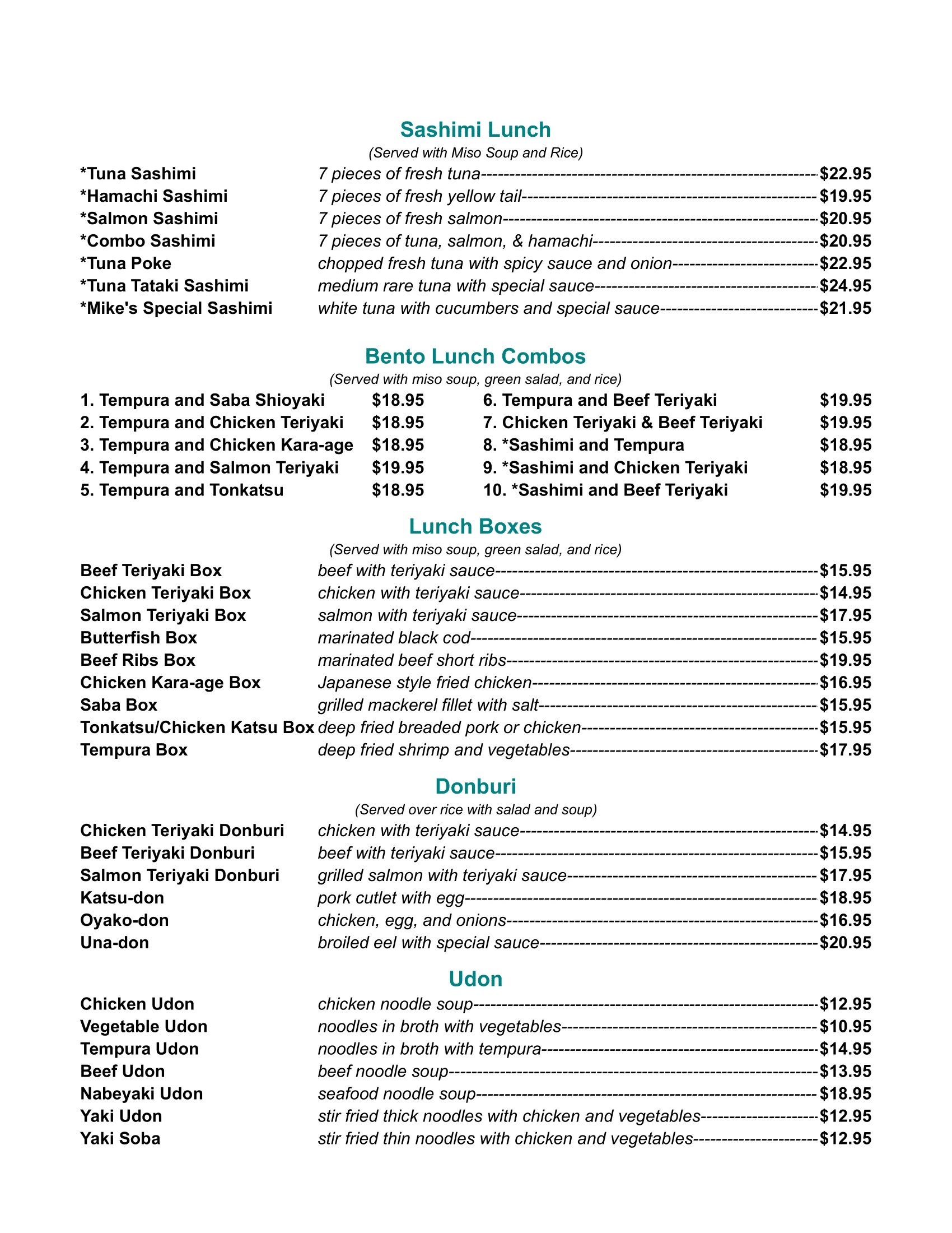 Japanese lunch menu featuring sashimi and bento boxes