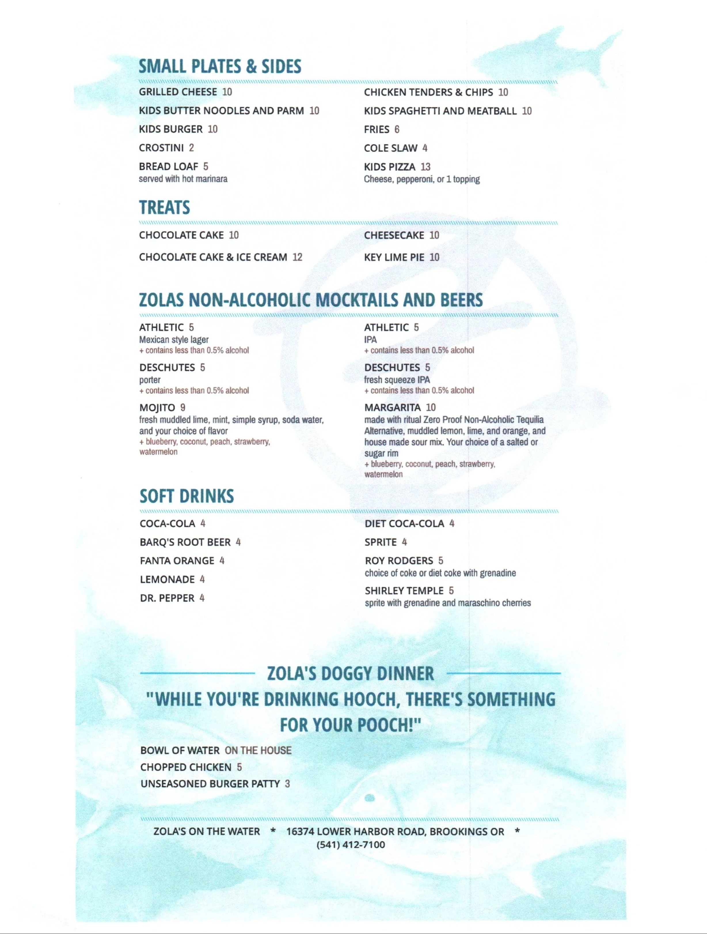 Menu featuring small plates, treats, non-alcoholic drinks, and doggy dinner options.