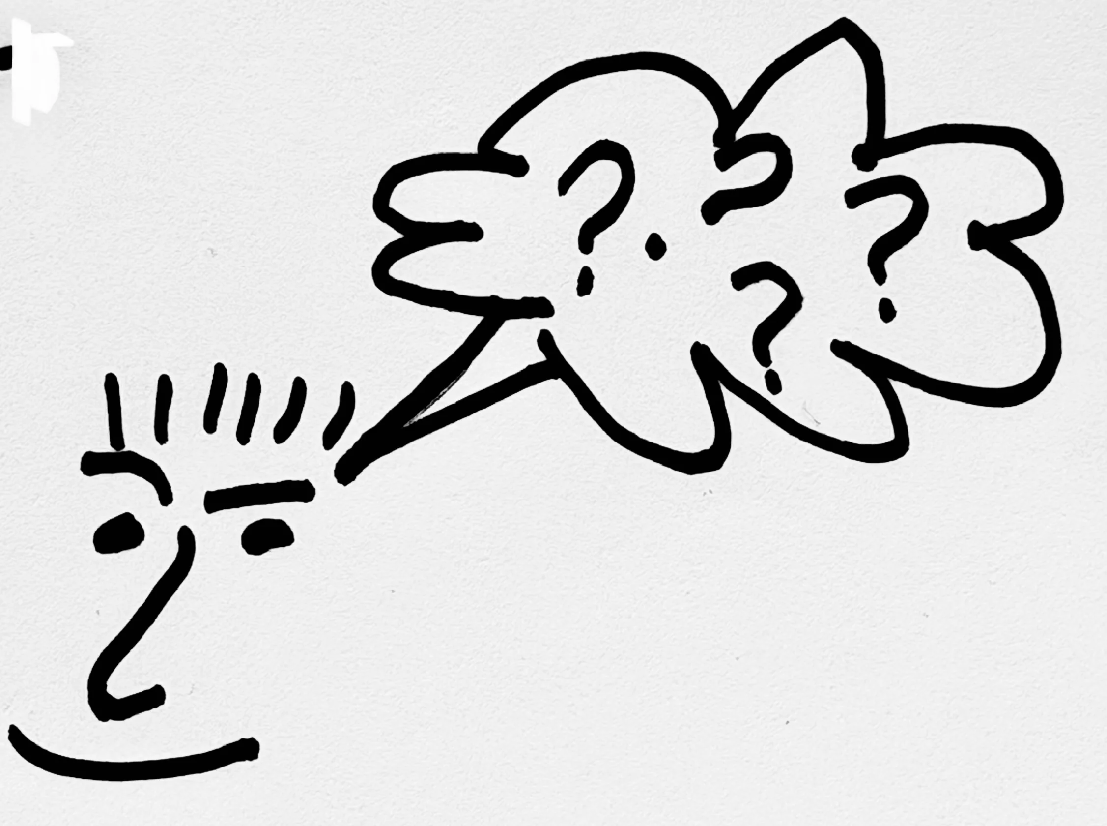 Simple line drawing of a face with question marks above its head.