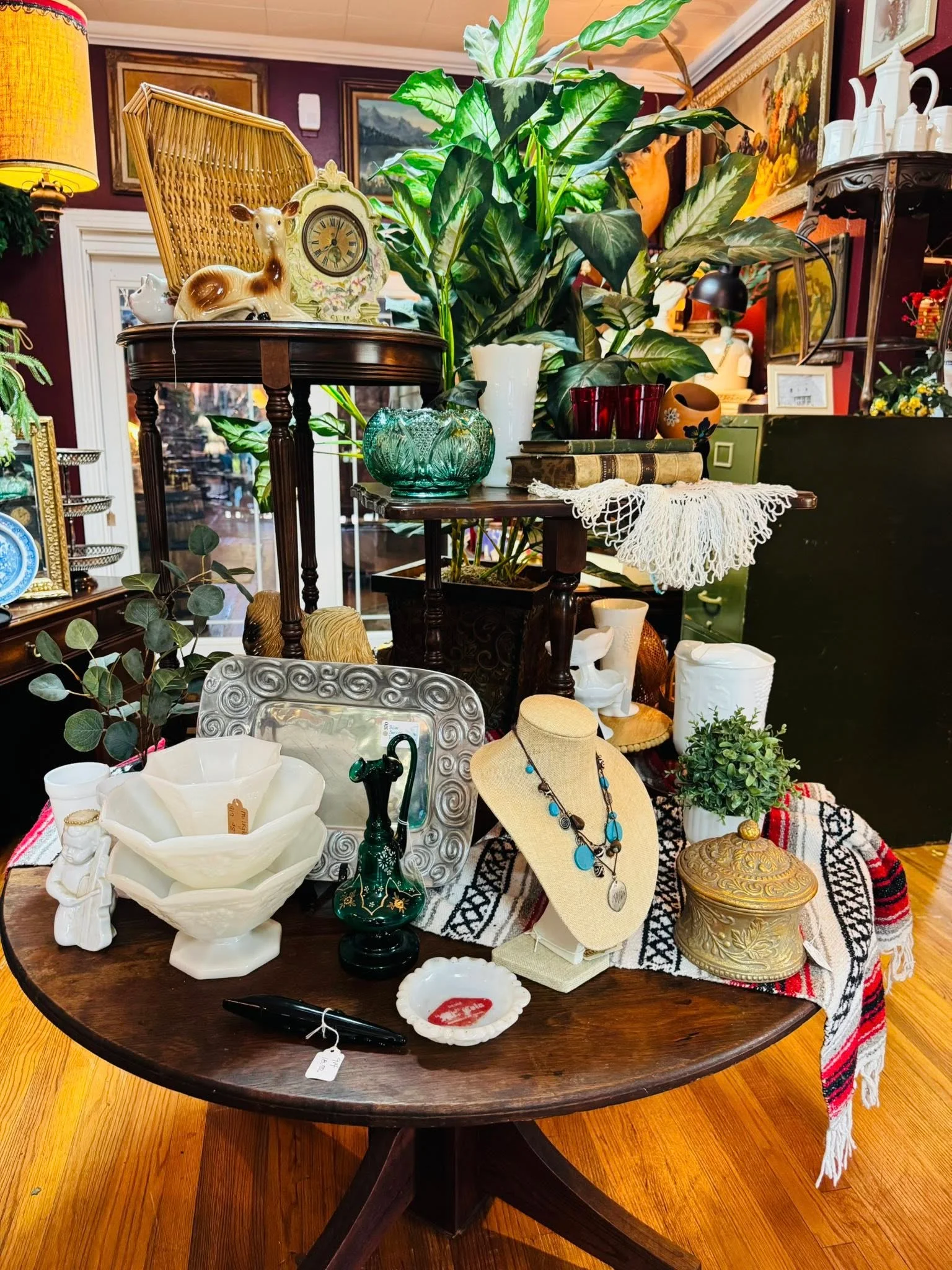 Charming antique display with vintage decor and collectibles