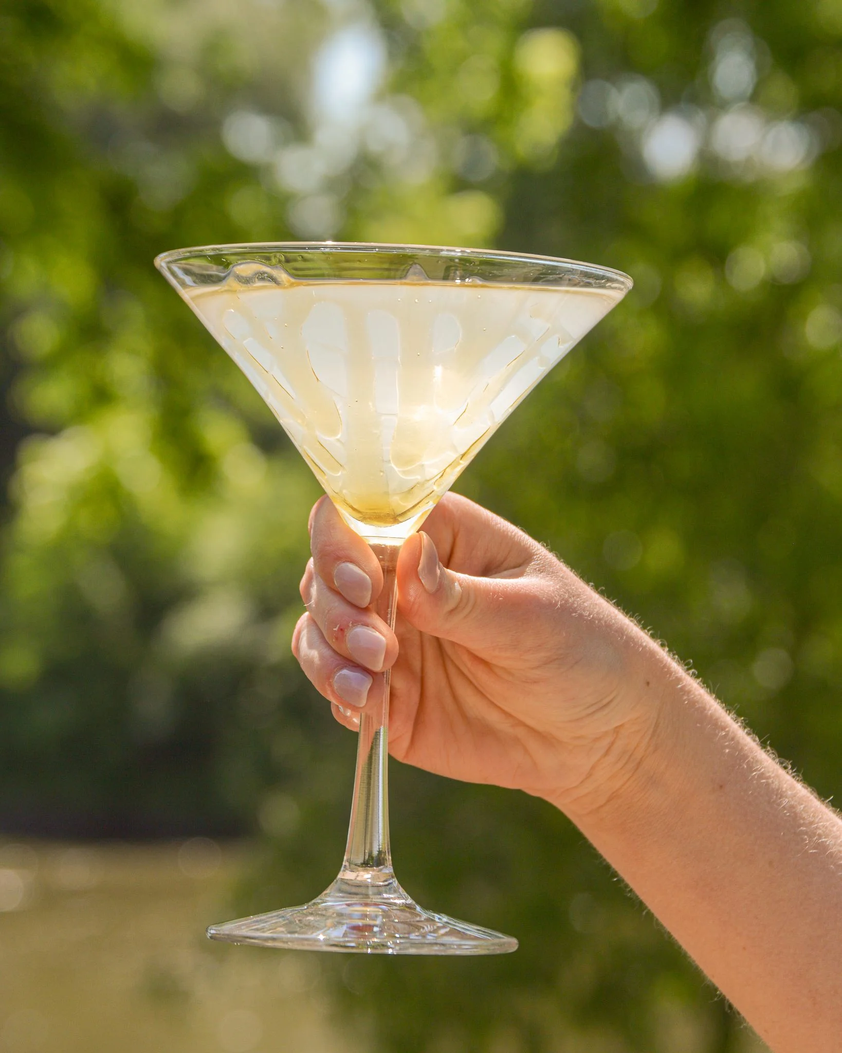Bee's Knees Martini with a honey drizzle in front of golden summery leaves