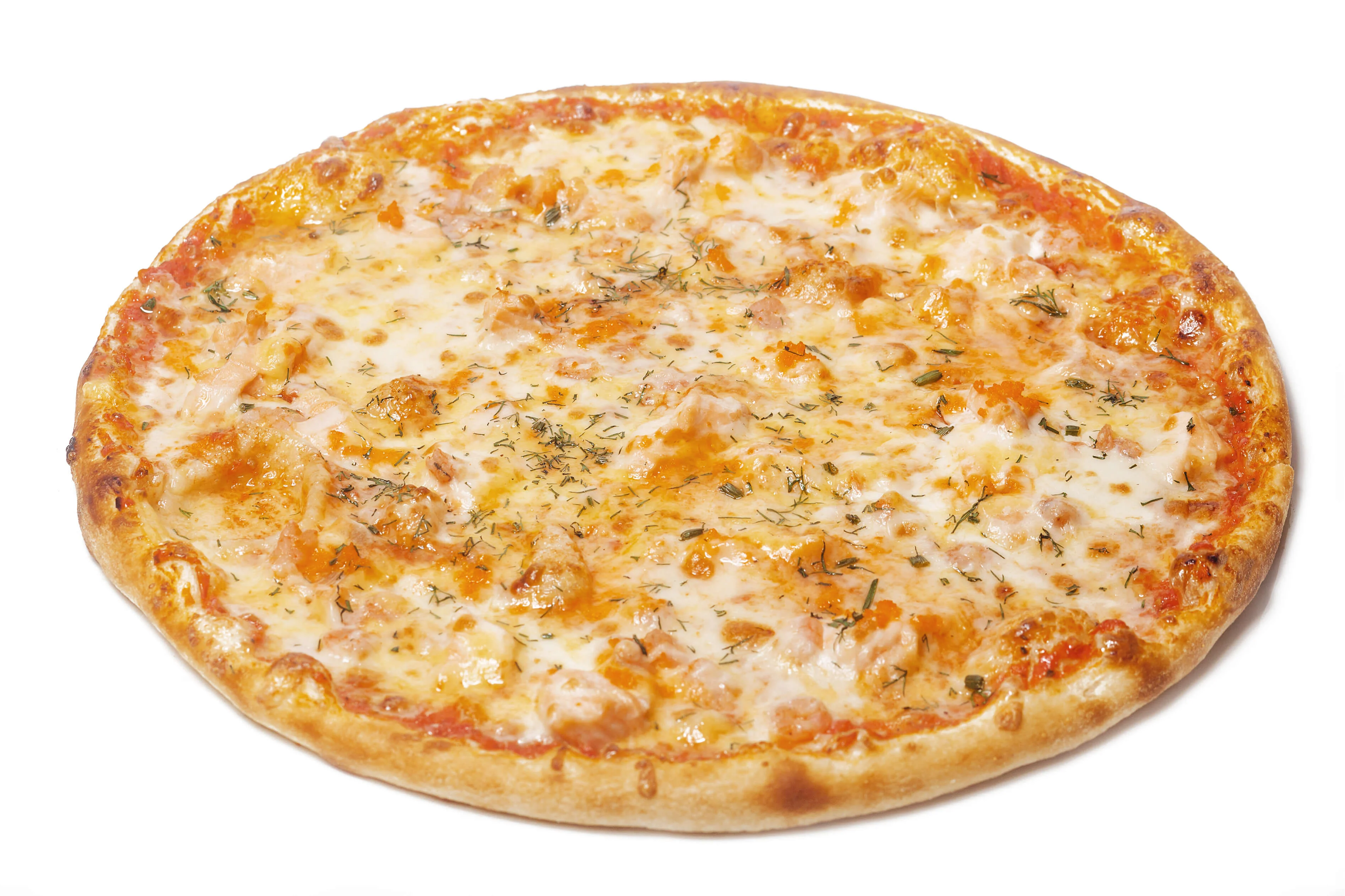 Cheesy pizza with a golden crust and herbs