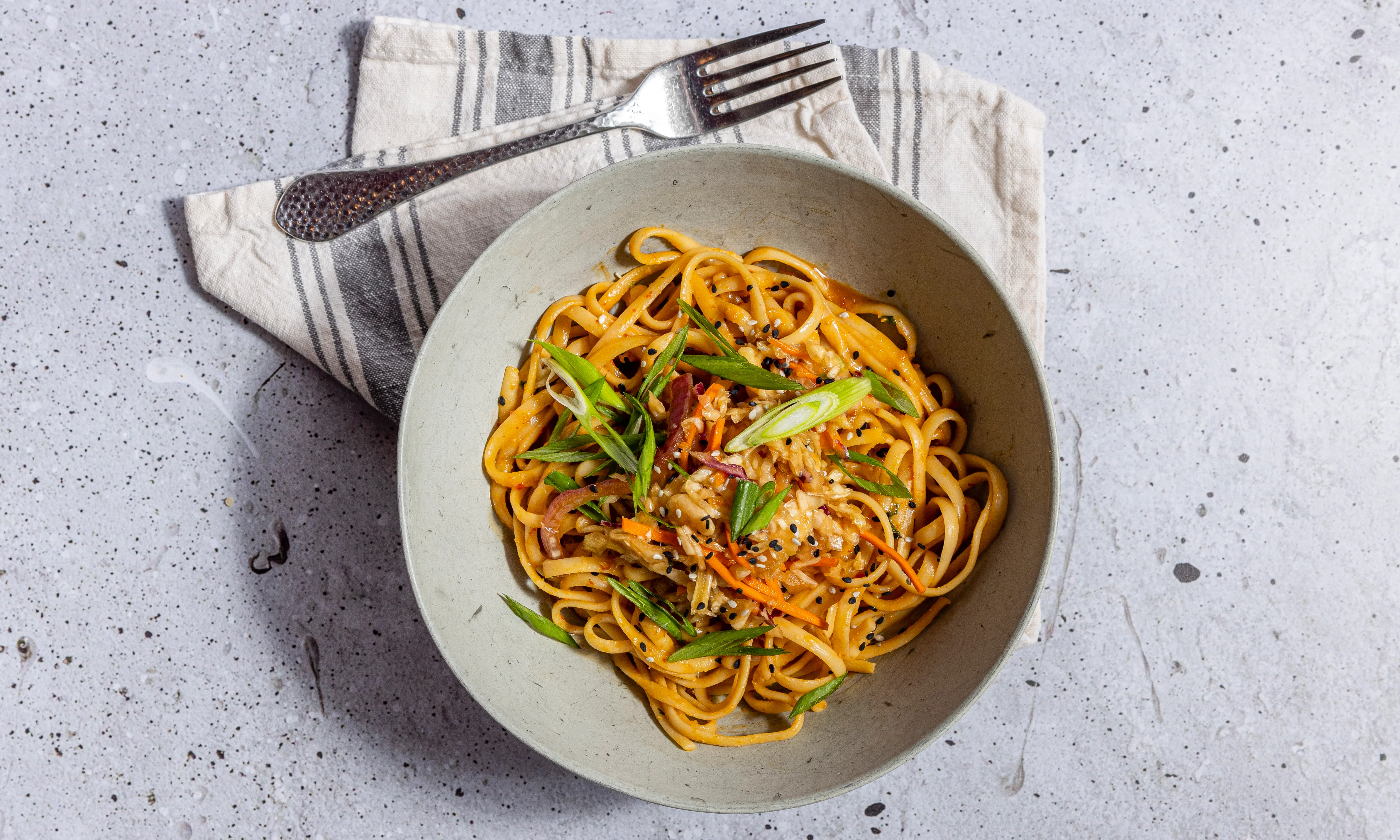 Delicious Chinese lo mein with vegetables and sesame