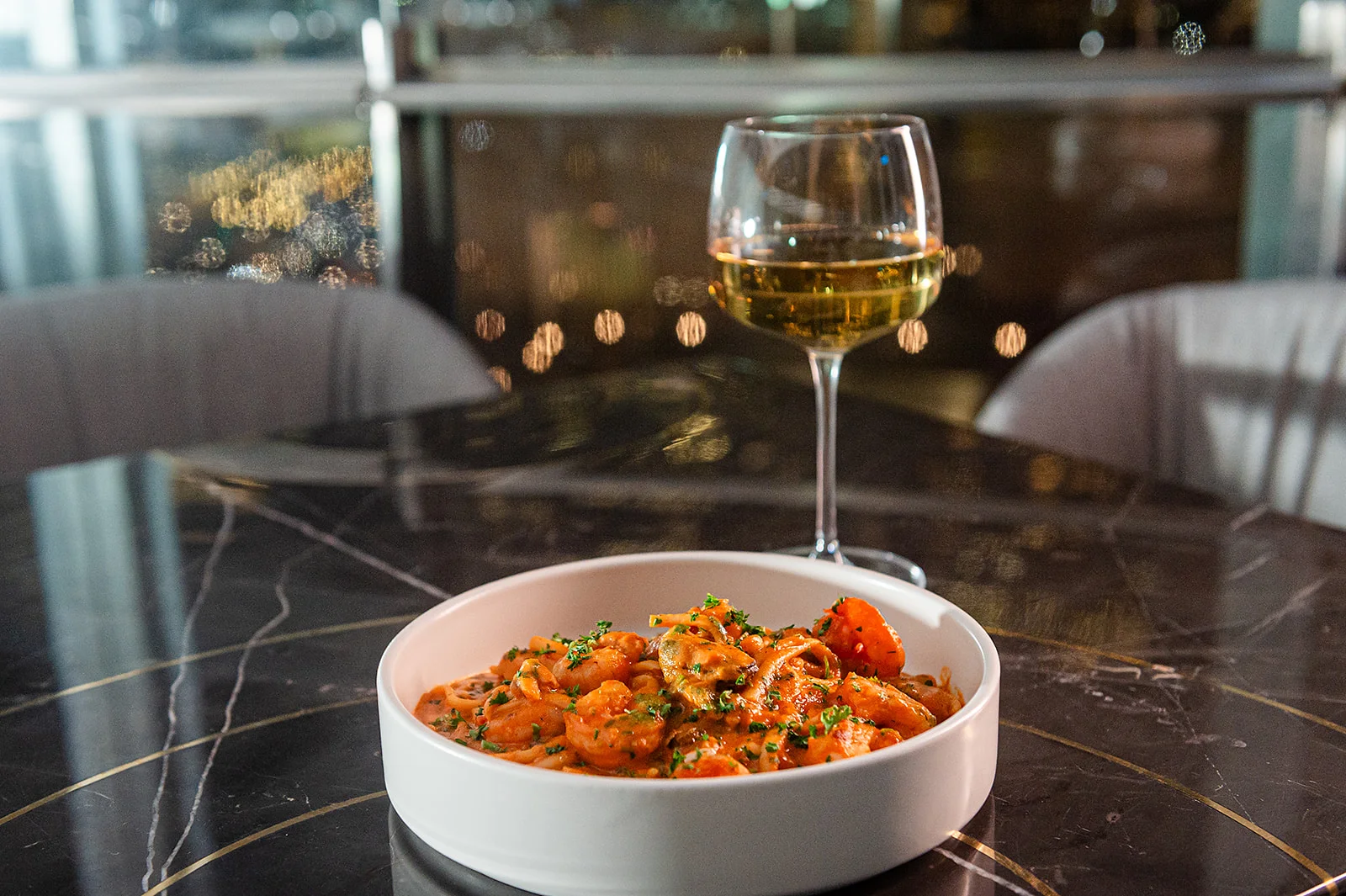 Shrimp pasta in a creamy sauce with white wine